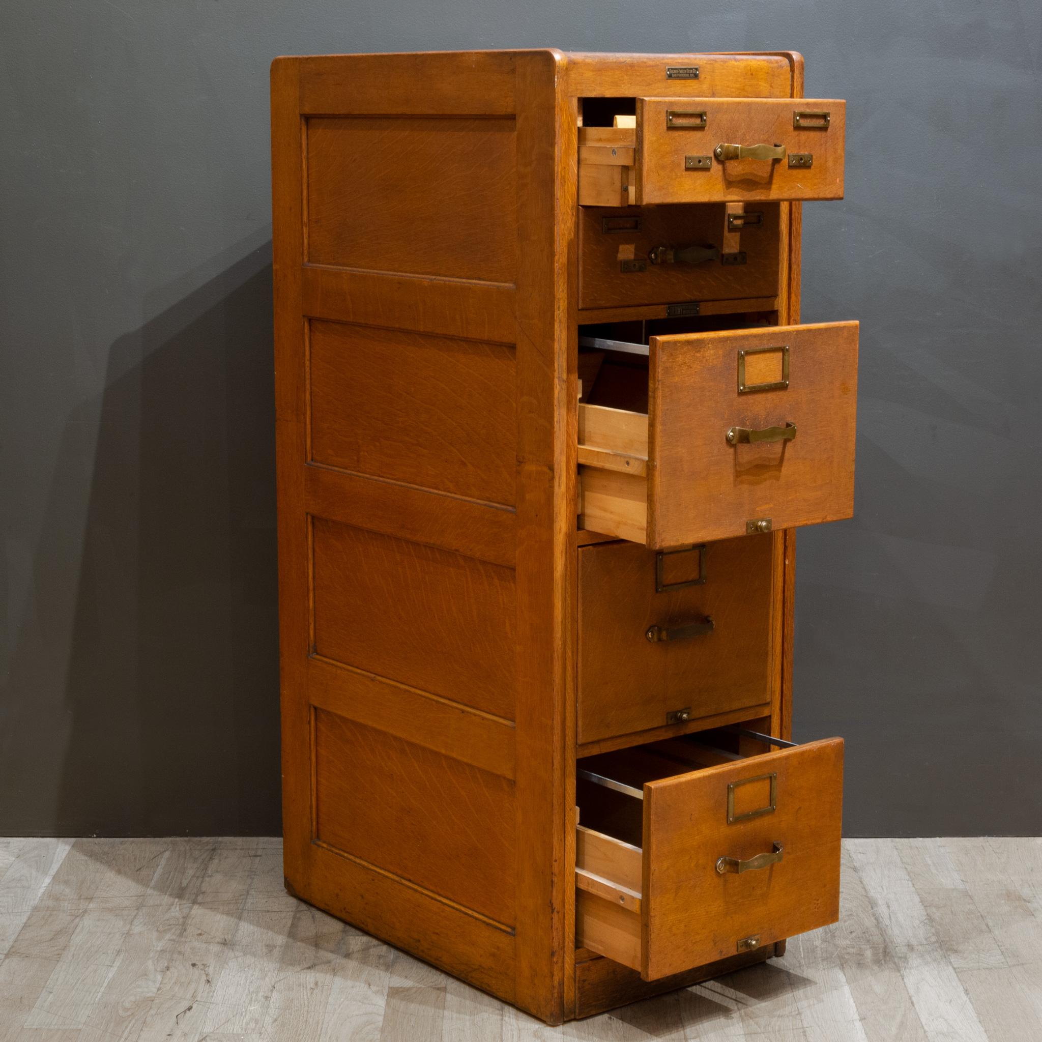 Antique Five Drawer Oak and Brass File Cabinet c.1930 1