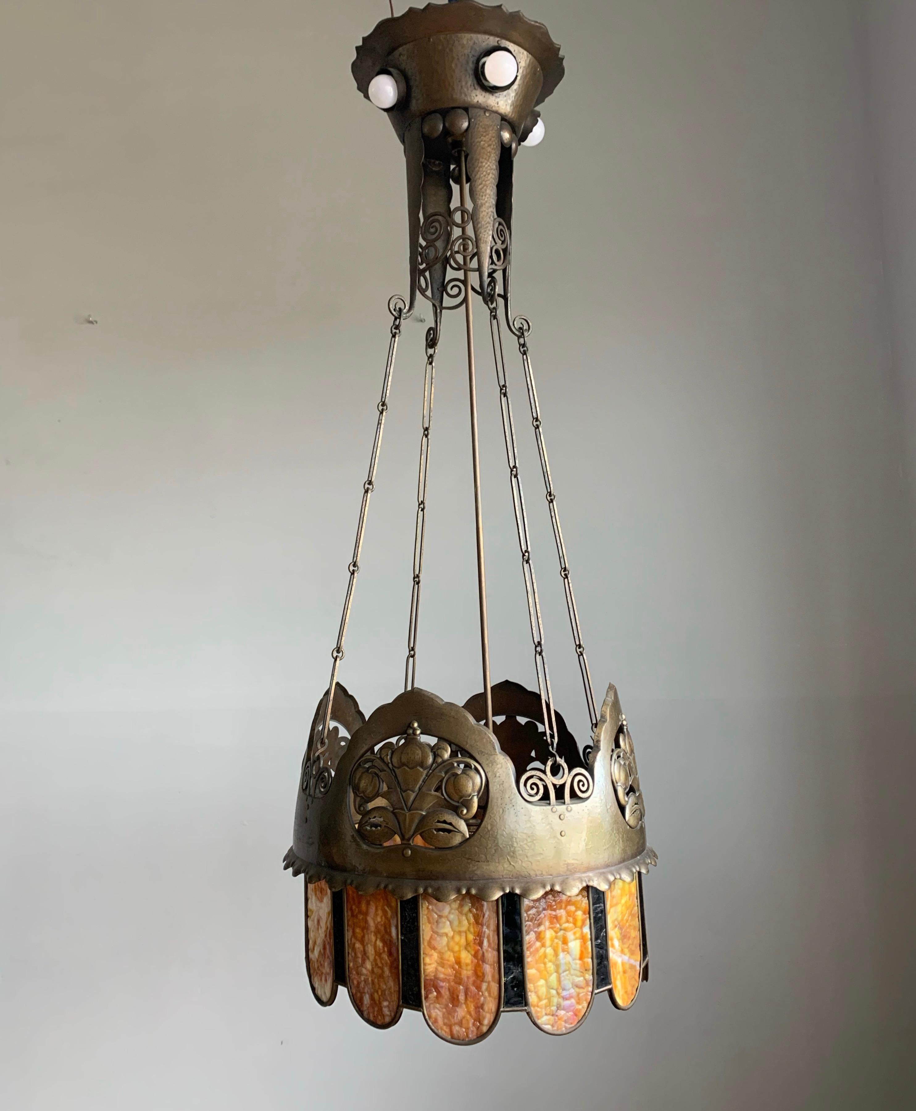Arts and Crafts Sculptured Chandelier with Unique Large Colored Art Glass Shade For Sale 6