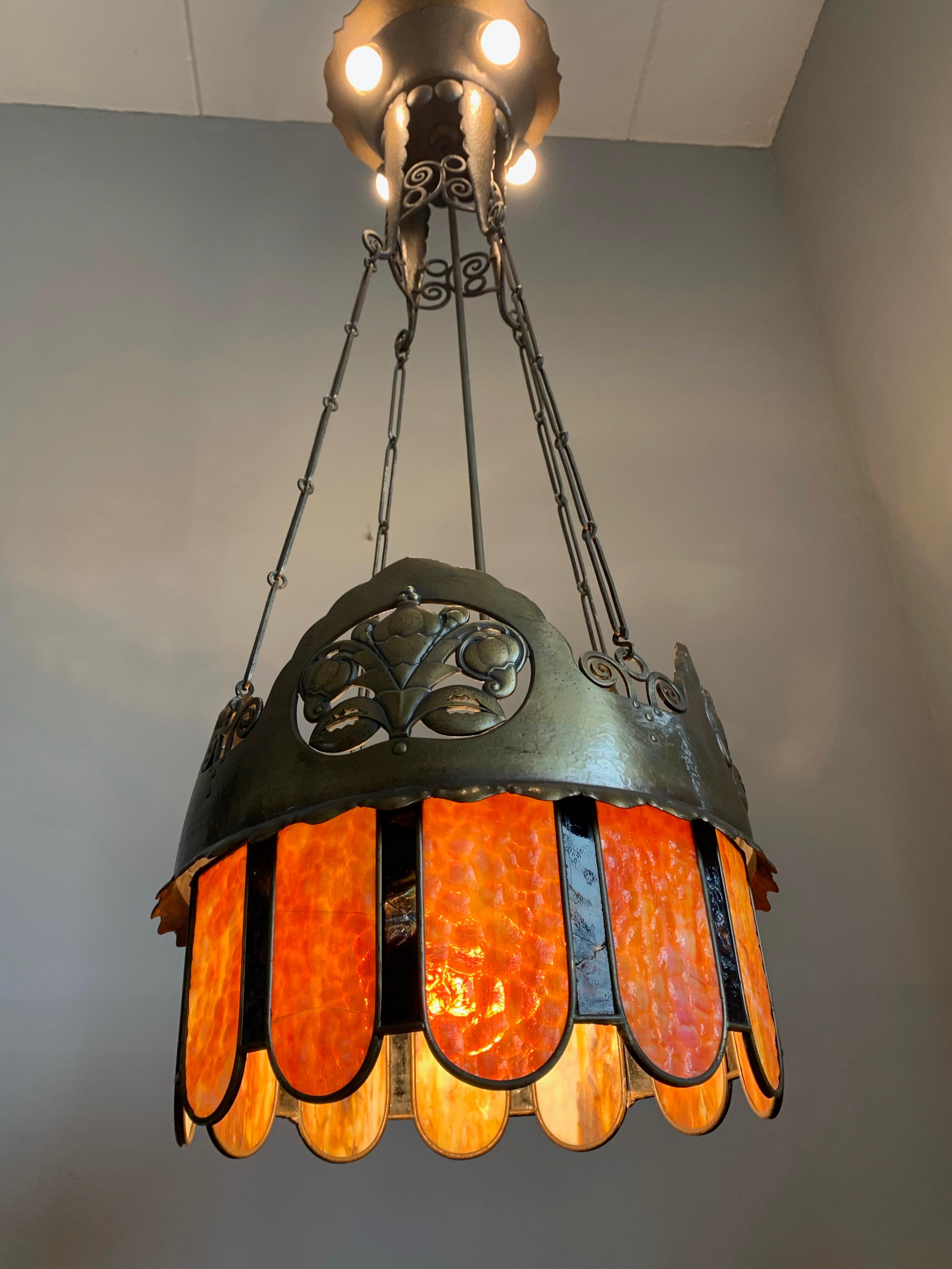 Arts and Crafts Sculptured Chandelier with Unique Large Colored Art Glass Shade For Sale 8
