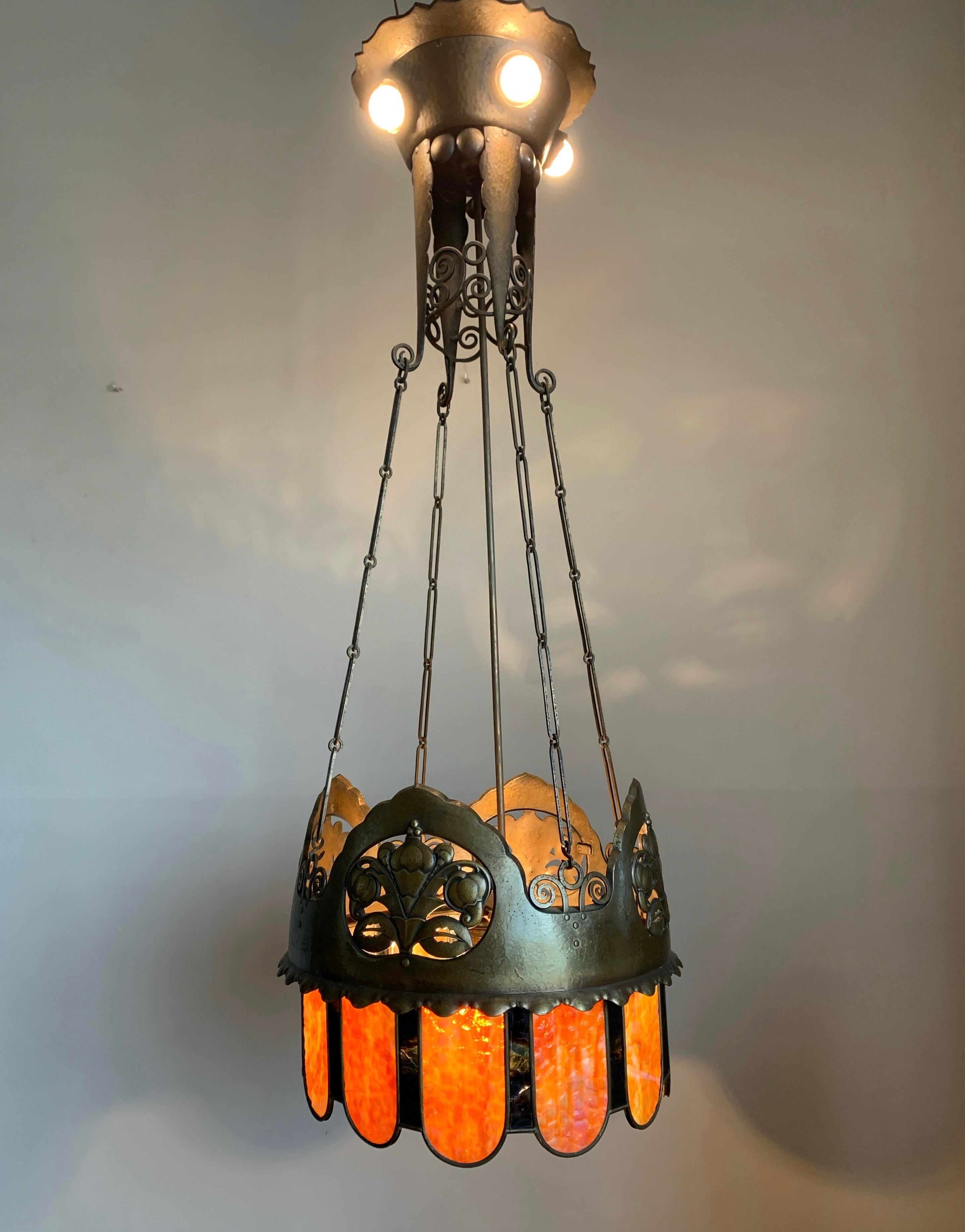 Arts and Crafts Sculptured Chandelier with Unique Large Colored Art Glass Shade For Sale 13