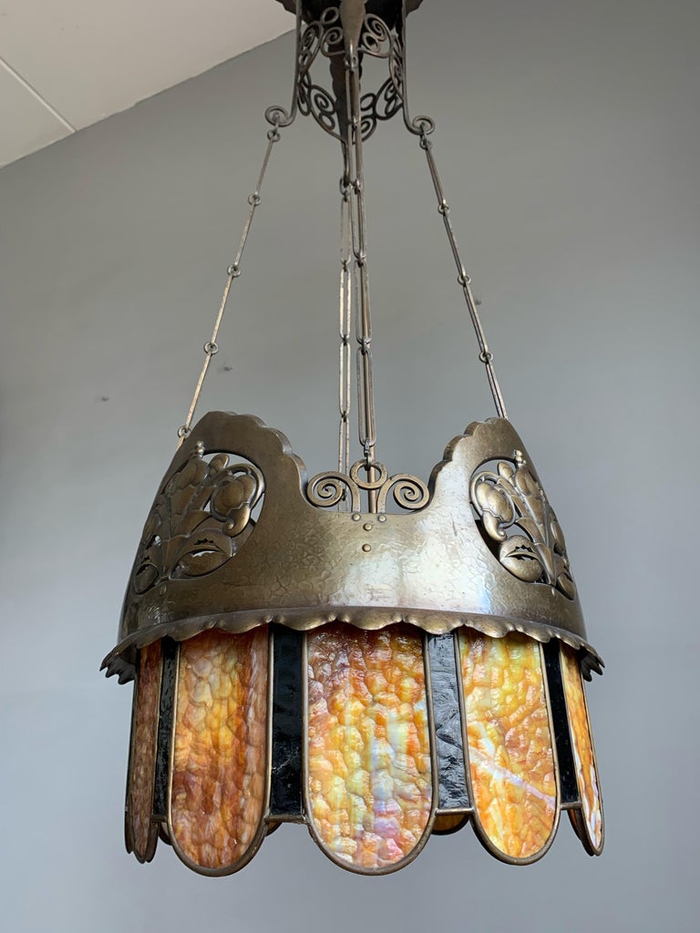 European Arts and Crafts Sculptured Chandelier with Unique Large Colored Art Glass Shade For Sale
