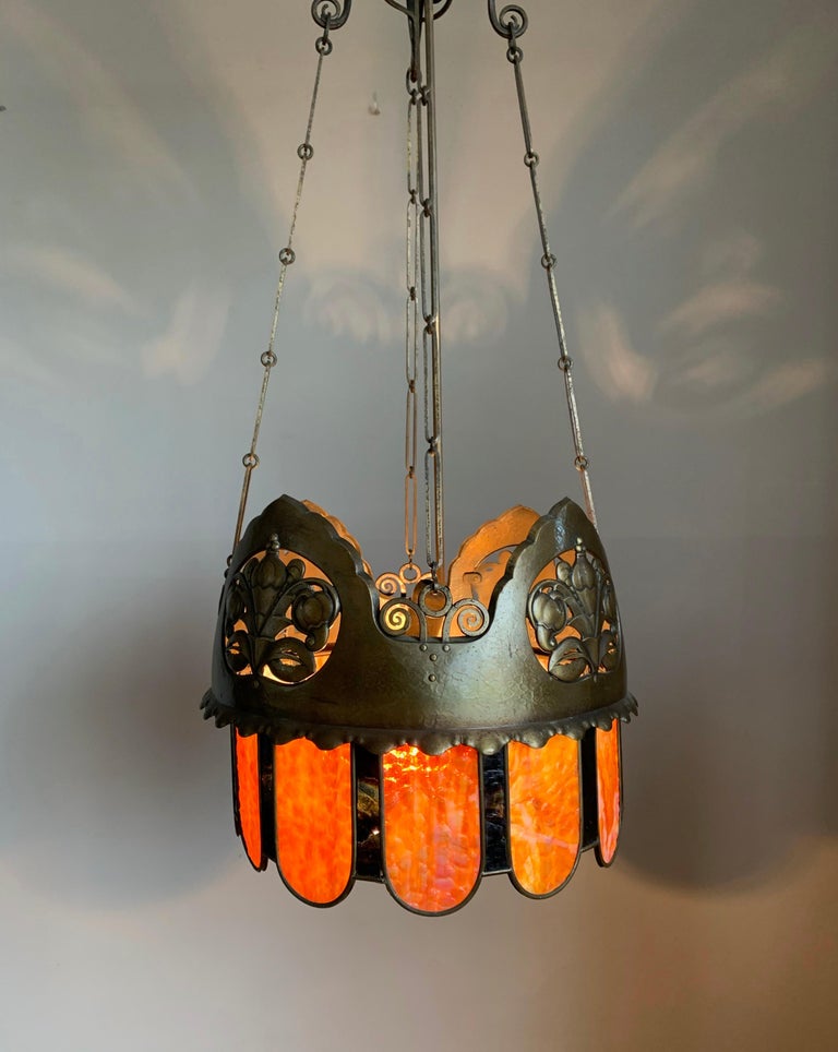 Brass Arts and Crafts Sculptured Chandelier with Unique Large Colored Art Glass Shade For Sale