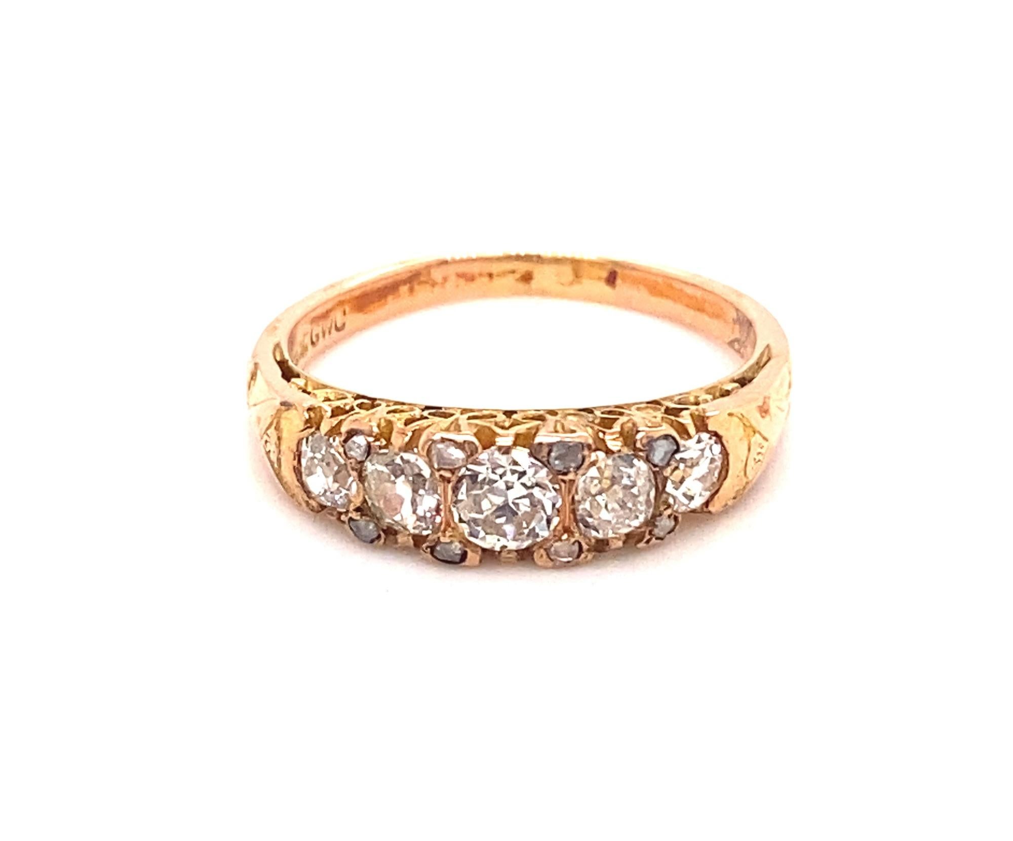 Art Deco Antique Five Old Mine Cut Diamond 18K Yellow Gold Ring For Sale