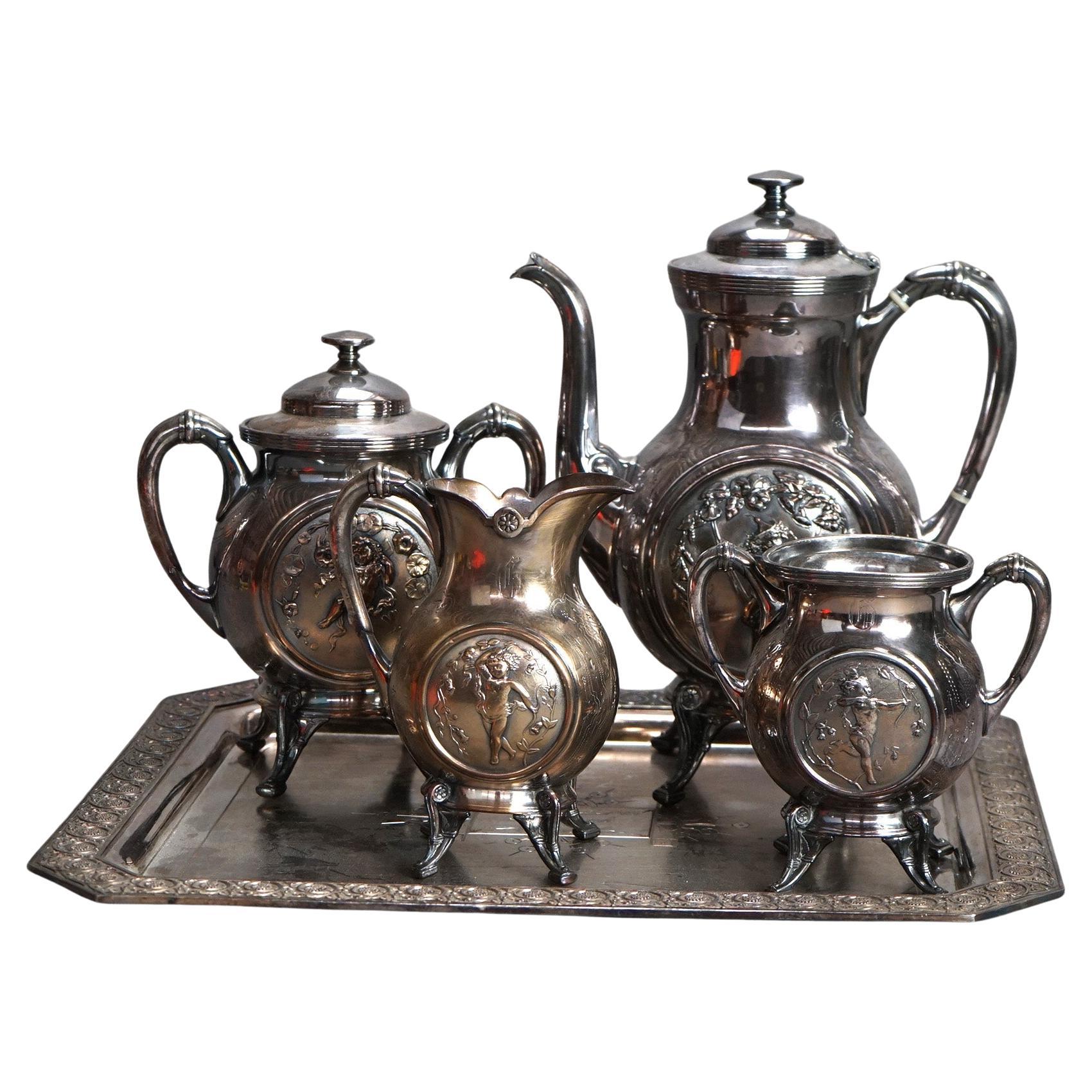 Antique Five Piece Bailey & Brainard Egyptian Revival Silver Plate Tea Set C1890 For Sale
