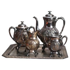 Juego de té antiguo de cinco piezas Bailey & Brainard de plata del renacimiento egipcio C1890