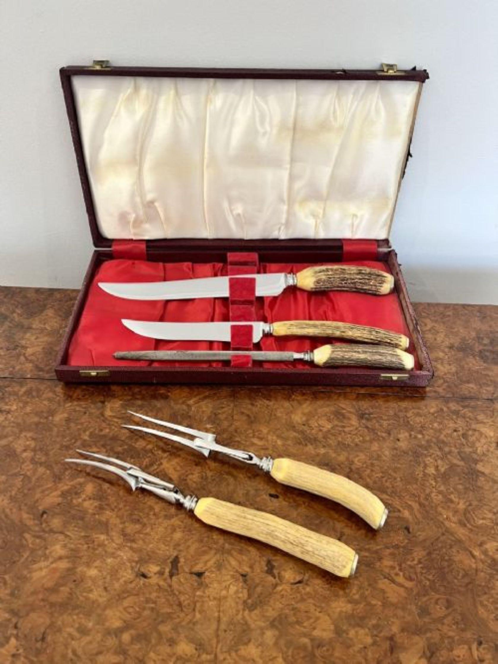 Antique five piece Cooper Brother & Son's carving set having a quality five piece carving set by Cooper Brother & Son's with antler handles (BONE) and quality Sheffield stainless steel blades in the original display box. 