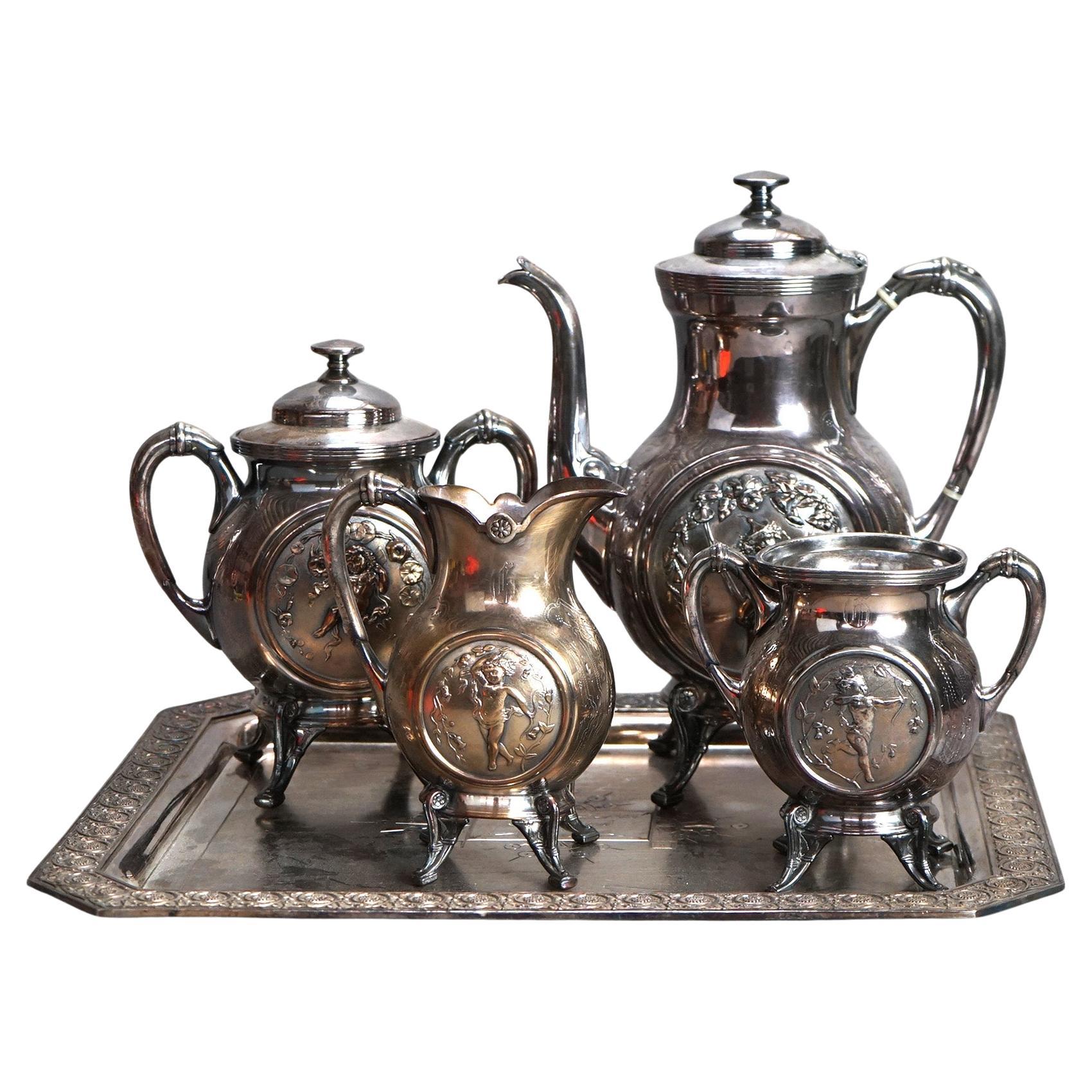 Antico set da tè figurato Reed & Barton in argento placcato in cinque pezzi C1890