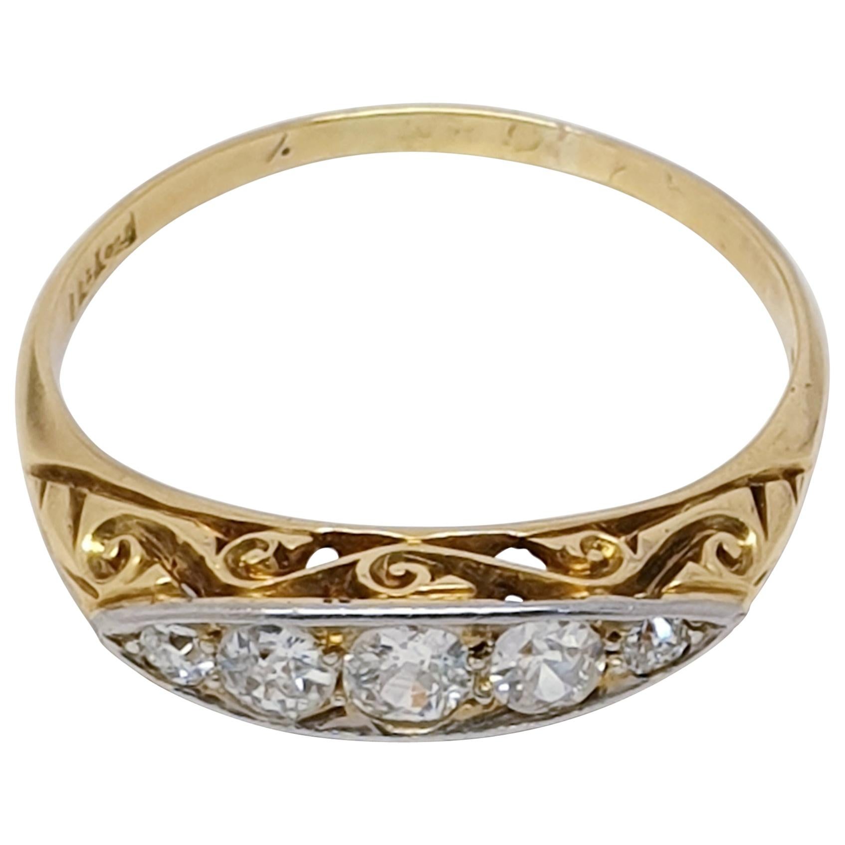 Antique Five-Stone Diamond 18 Karat Gold Ring For Sale