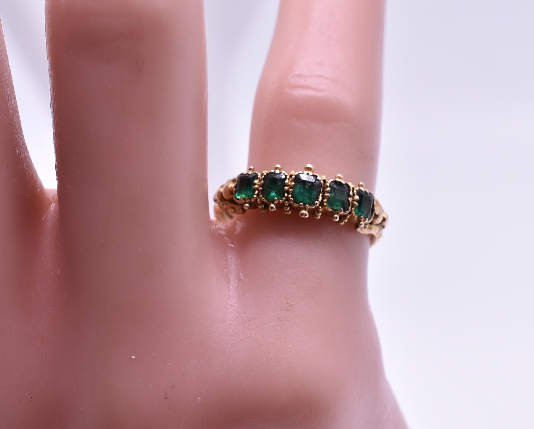 Emerald Cut Antique Five-Stone Half Hoop Emerald and Gold Ring