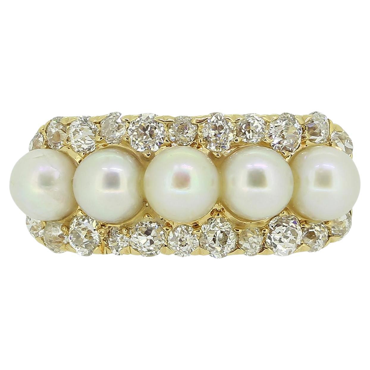Antique Five-Stone Pearl and Diamond Ring For Sale