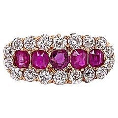 Antique Five Stone Ruby Diamond Halo Yellow Gold Ring