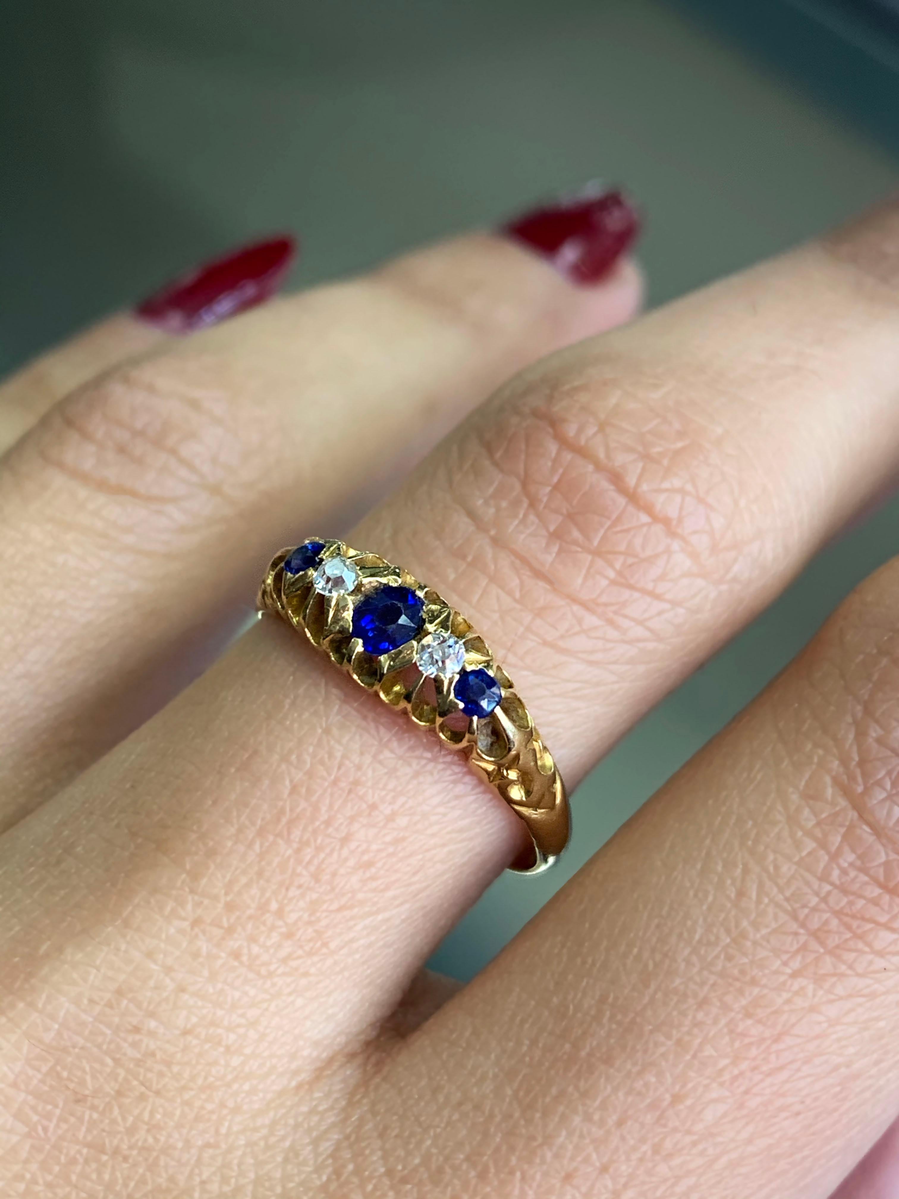Antique Five-Stone Sapphire and Old Cut Diamond Yellow Gold Ring, 1906 3