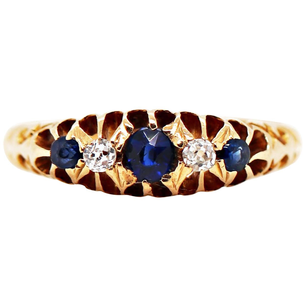 Antique Five-Stone Sapphire and Old Cut Diamond Yellow Gold Ring, 1906