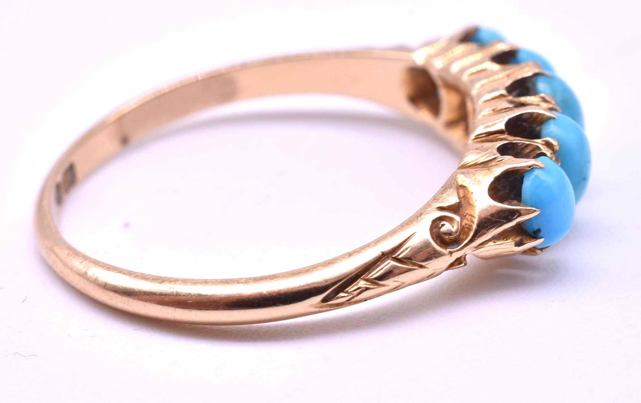 Antique 15K yellow gold Five-Stone Turquoise Ring hallmarked 1907 In Excellent Condition In Baltimore, MD