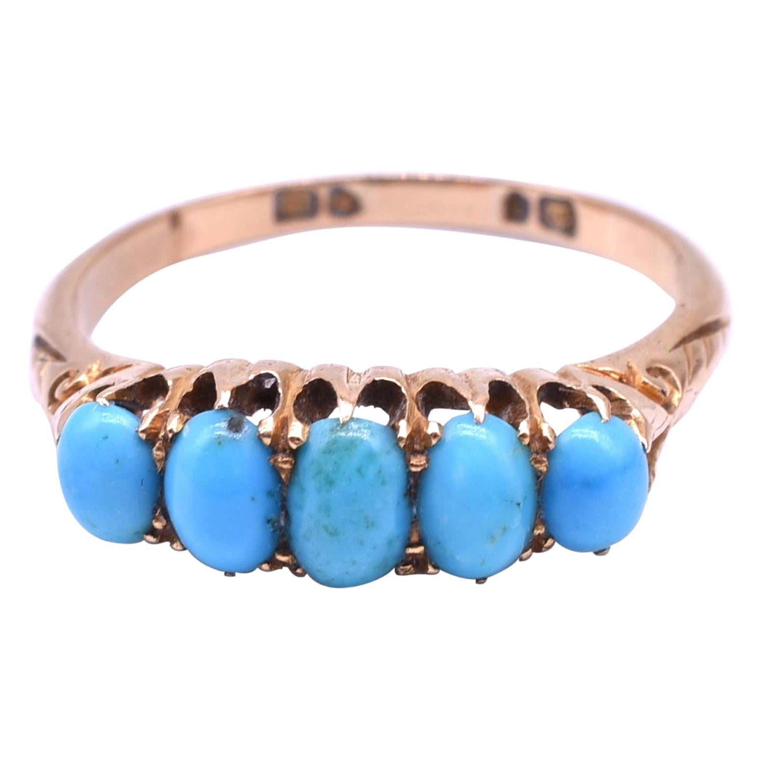 Antique 15K yellow gold Five-Stone Turquoise Ring hallmarked 1907
