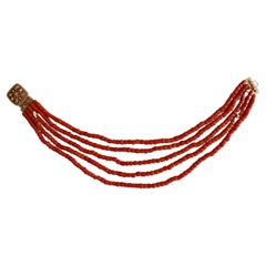 Antique Five Strand Red Coral 14k Gold Clasp Choker