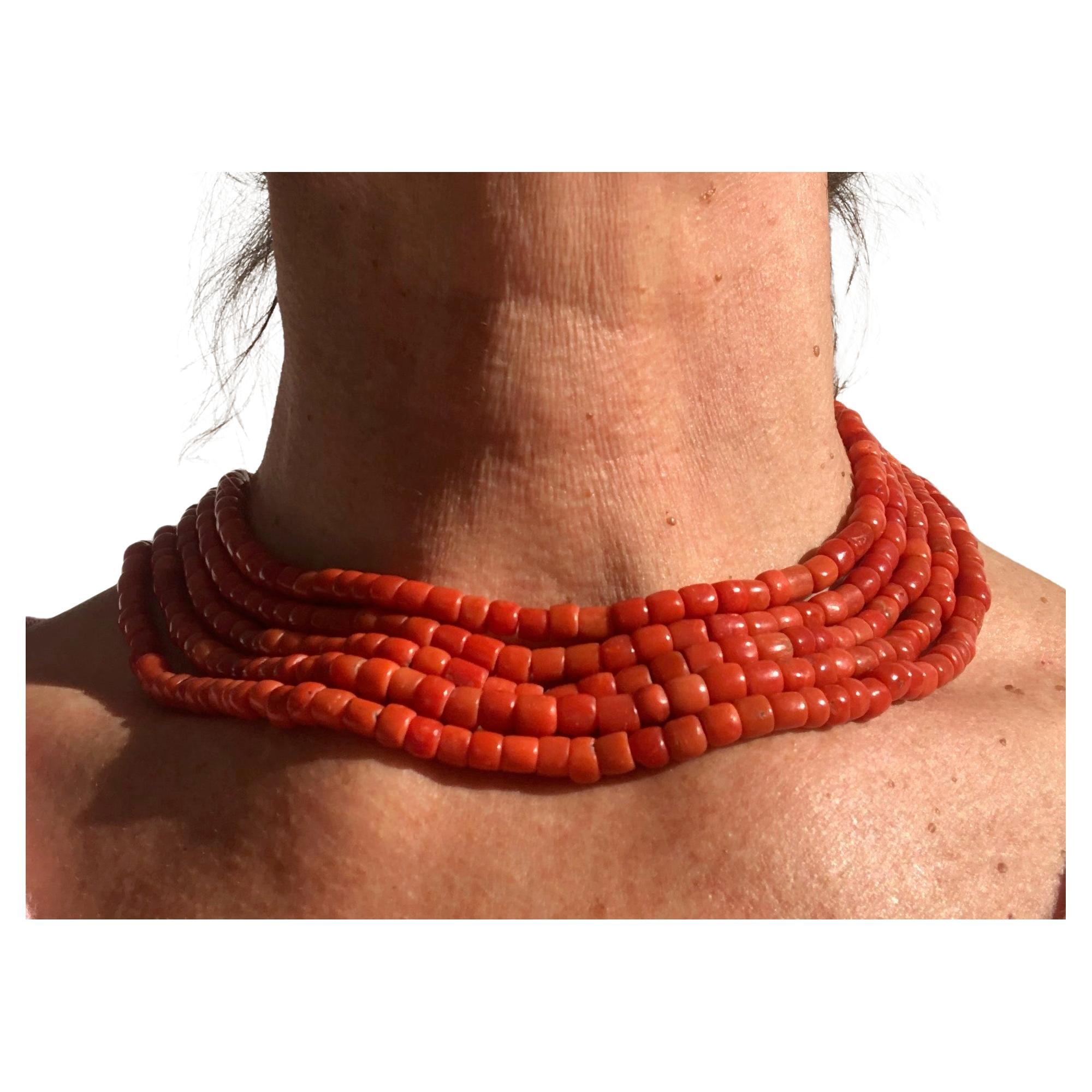 Late Victorian Antique Five Strand Red Coral 14k Gold Clasp Choker  For Sale