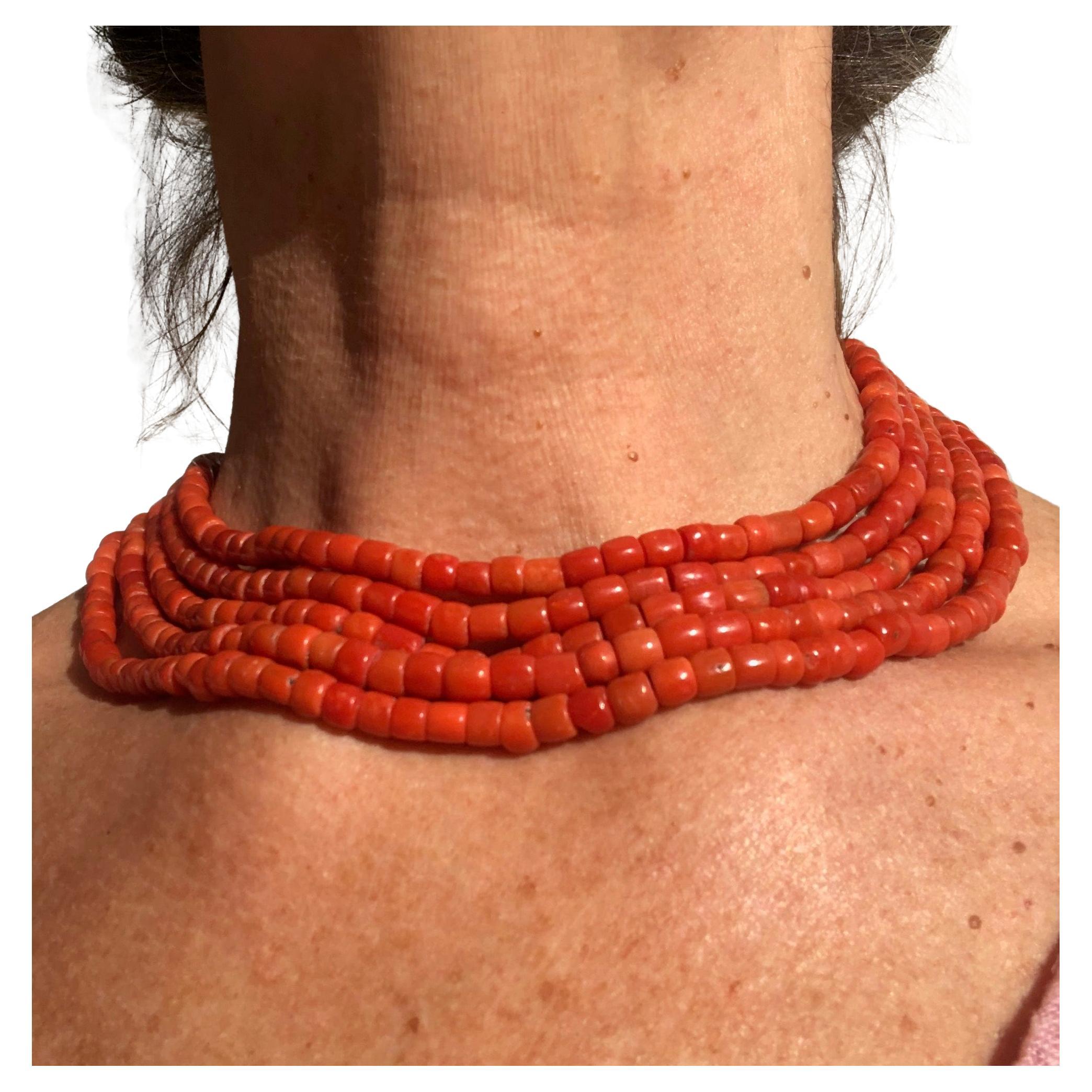 Antique Five Strand Red Coral 14k Gold Clasp Choker  In Excellent Condition For Sale In Lake Worth, FL