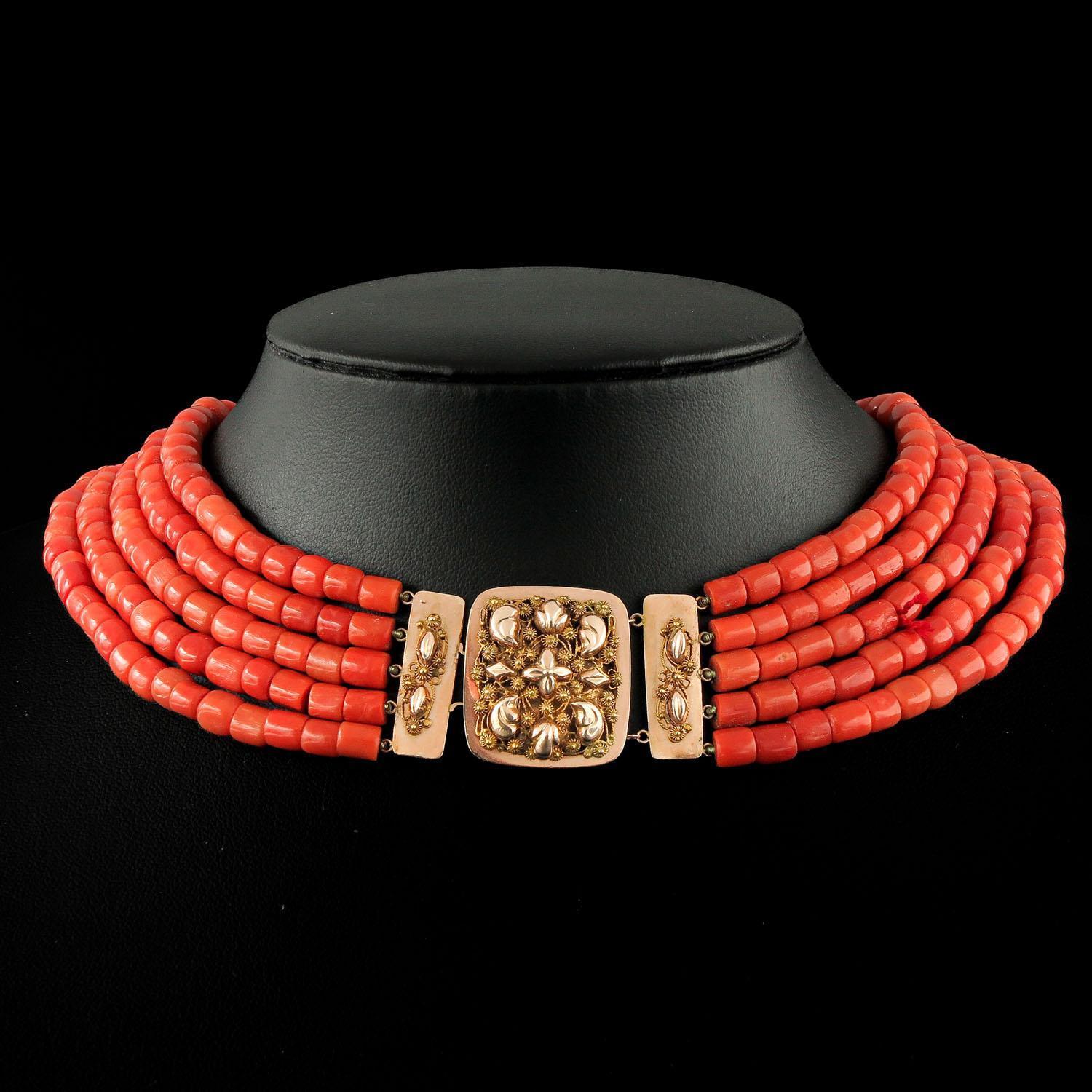 Antique Five Strand Red Coral 14k Gold Clasp Choker  For Sale 1