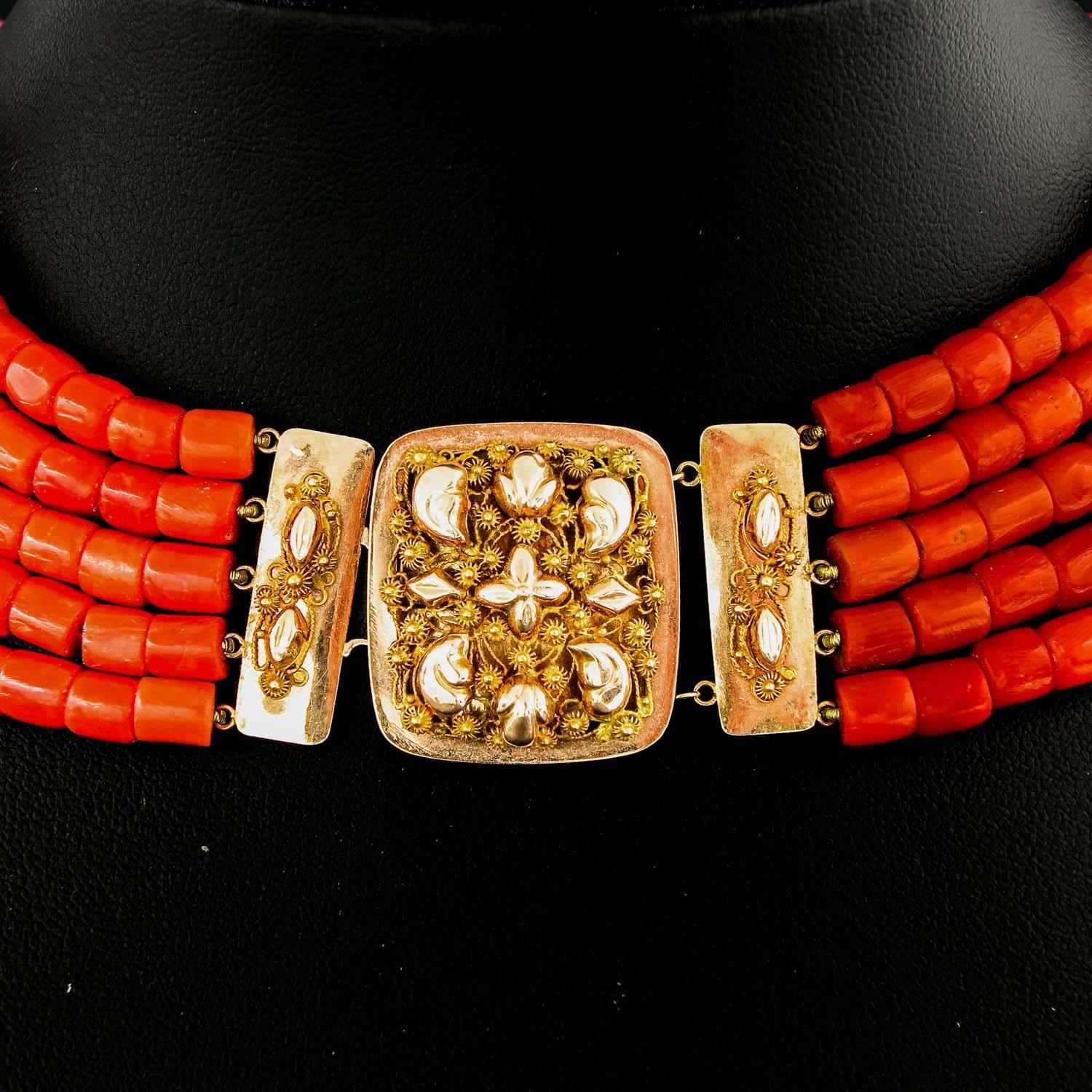 Antique Five Strand Red Coral 14k Gold Clasp Choker  For Sale 2