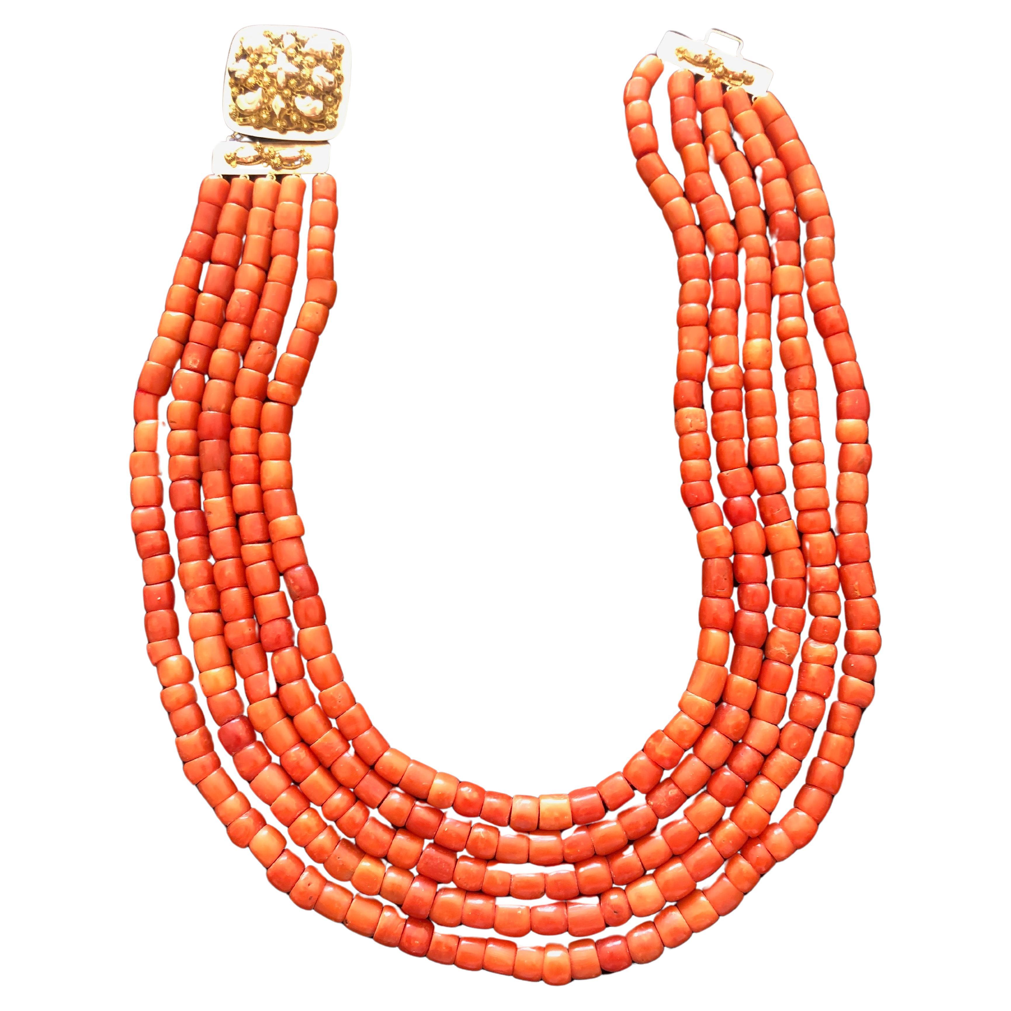 Antique Five Strand Red Coral 14k Gold Clasp Choker  For Sale
