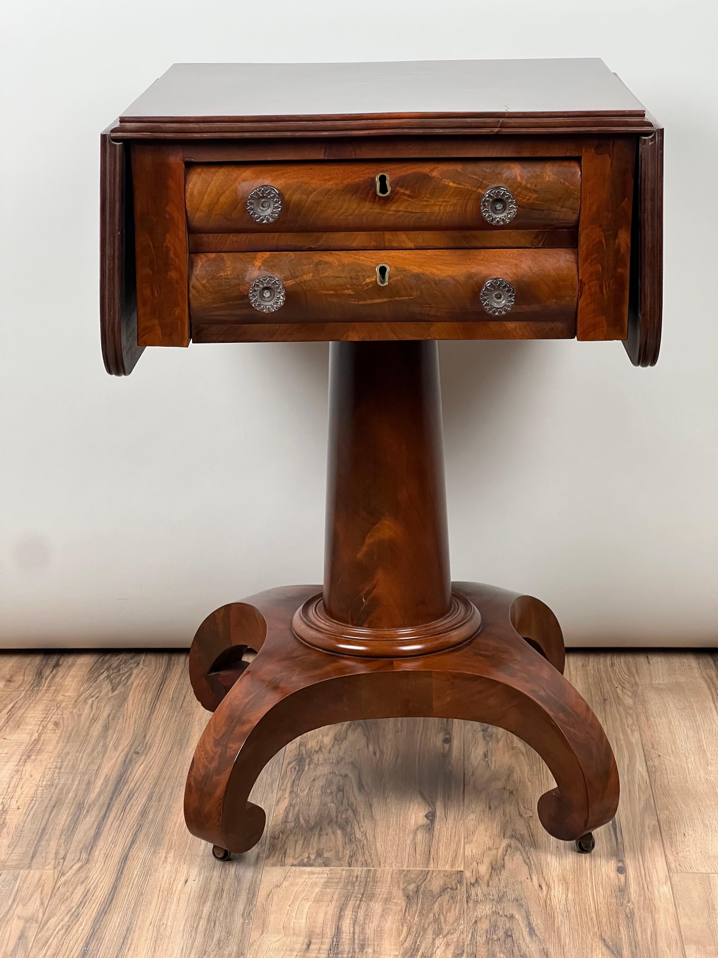 Antique Flame Mahogany American Empire Two Drawer Work Table c. 1840 In Good Condition In Westfield, MA