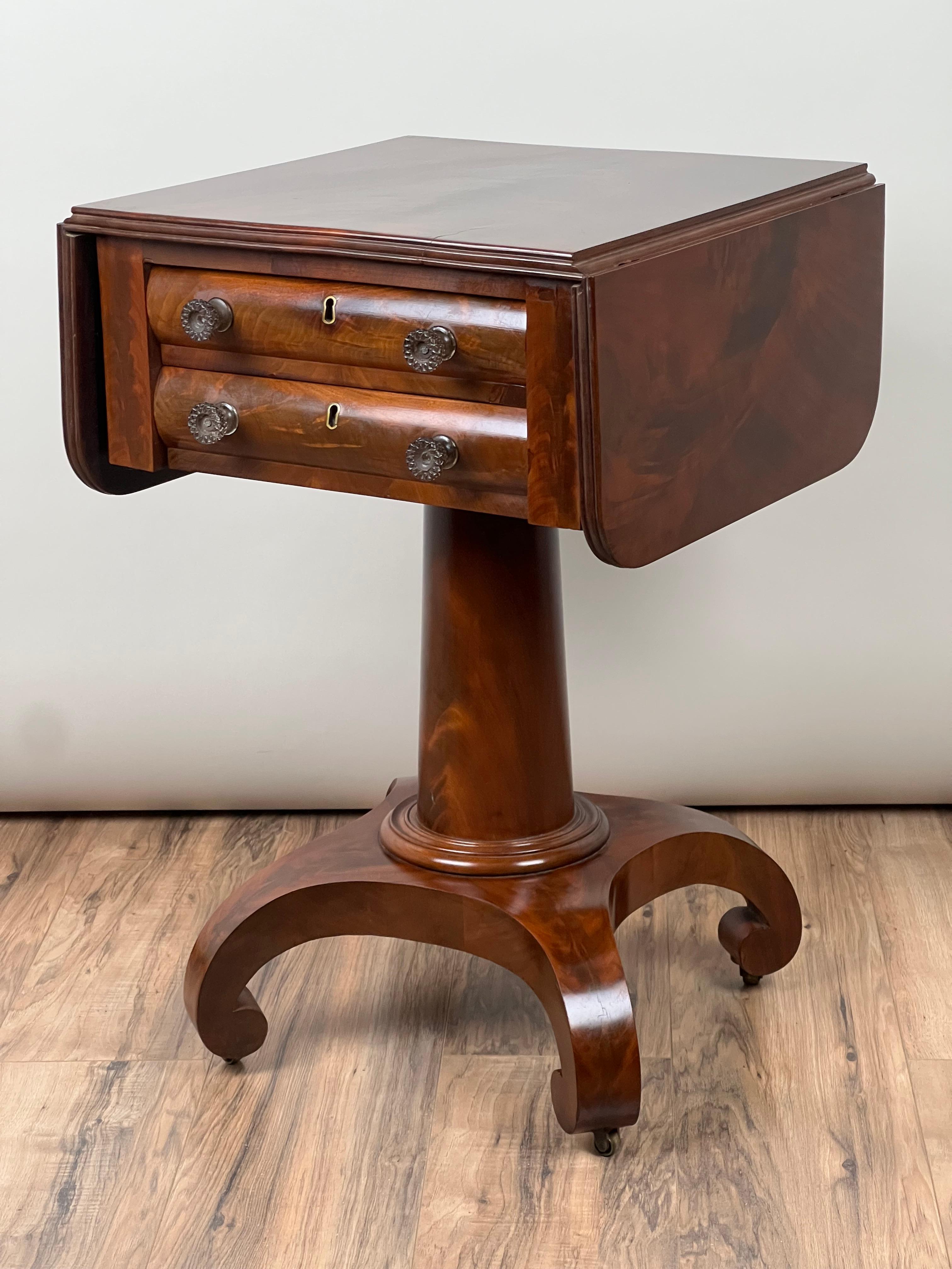 Mid-19th Century Antique Flame Mahogany American Empire Two Drawer Work Table c. 1840