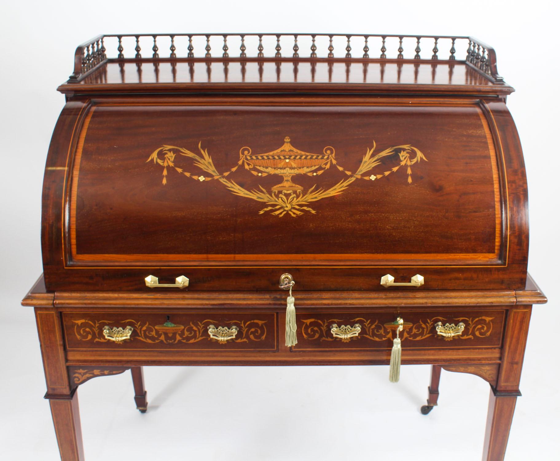 Victorian Antique Flame Mahogany and Inlaid Cylinder Bureau Desk Shoolbred 19th Century