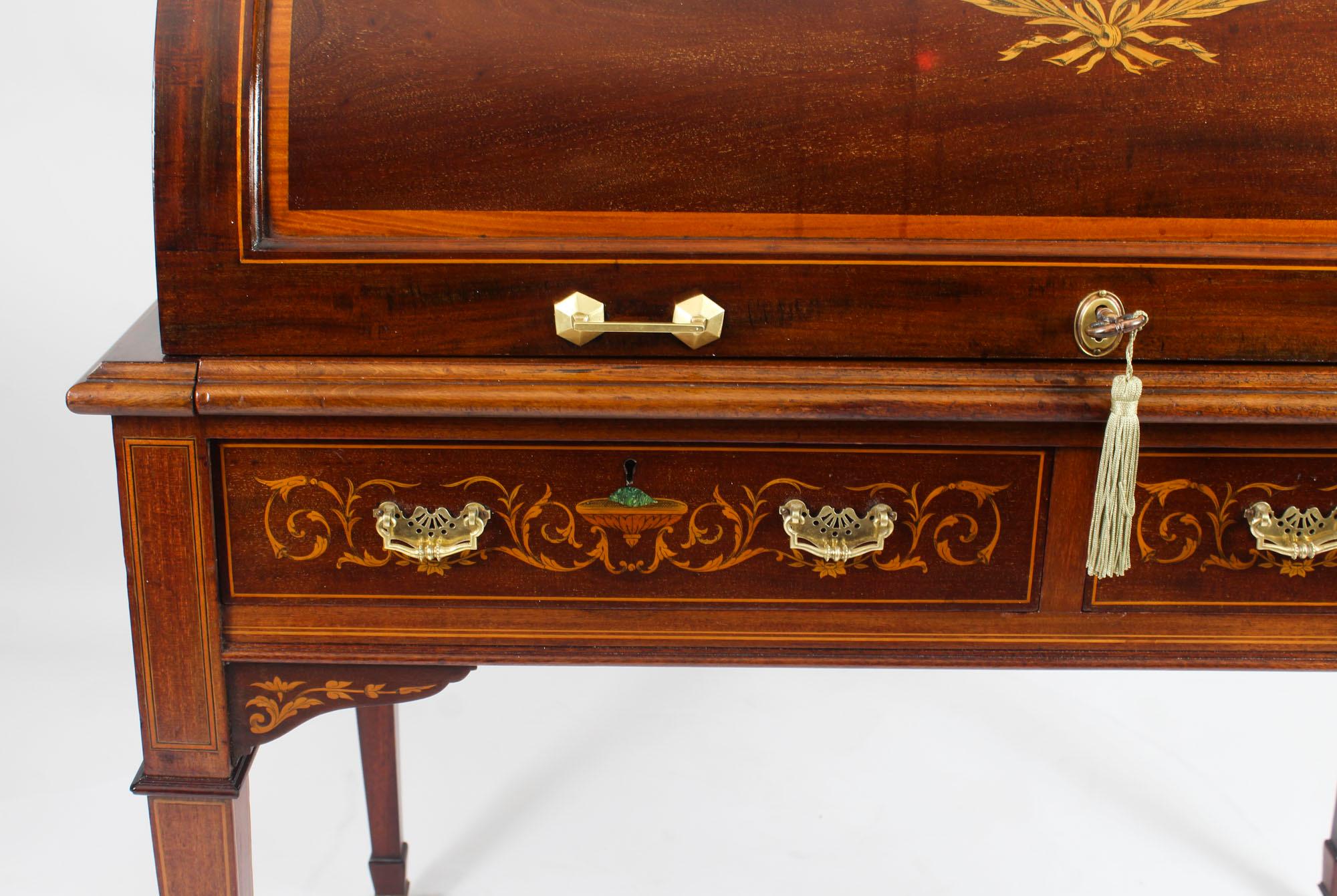 Marquetry Antique Flame Mahogany and Inlaid Cylinder Bureau Desk Shoolbred 19th Century