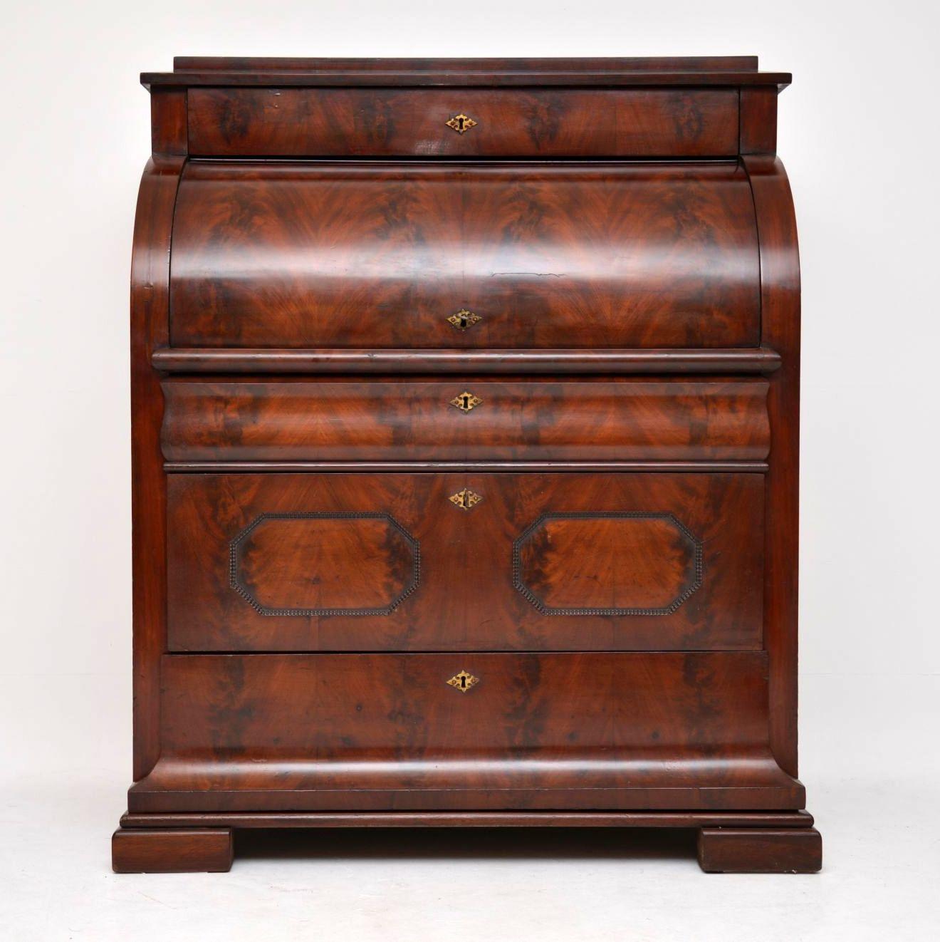 Early Victorian Antique Flame Mahogany Cylinder Top Bureau