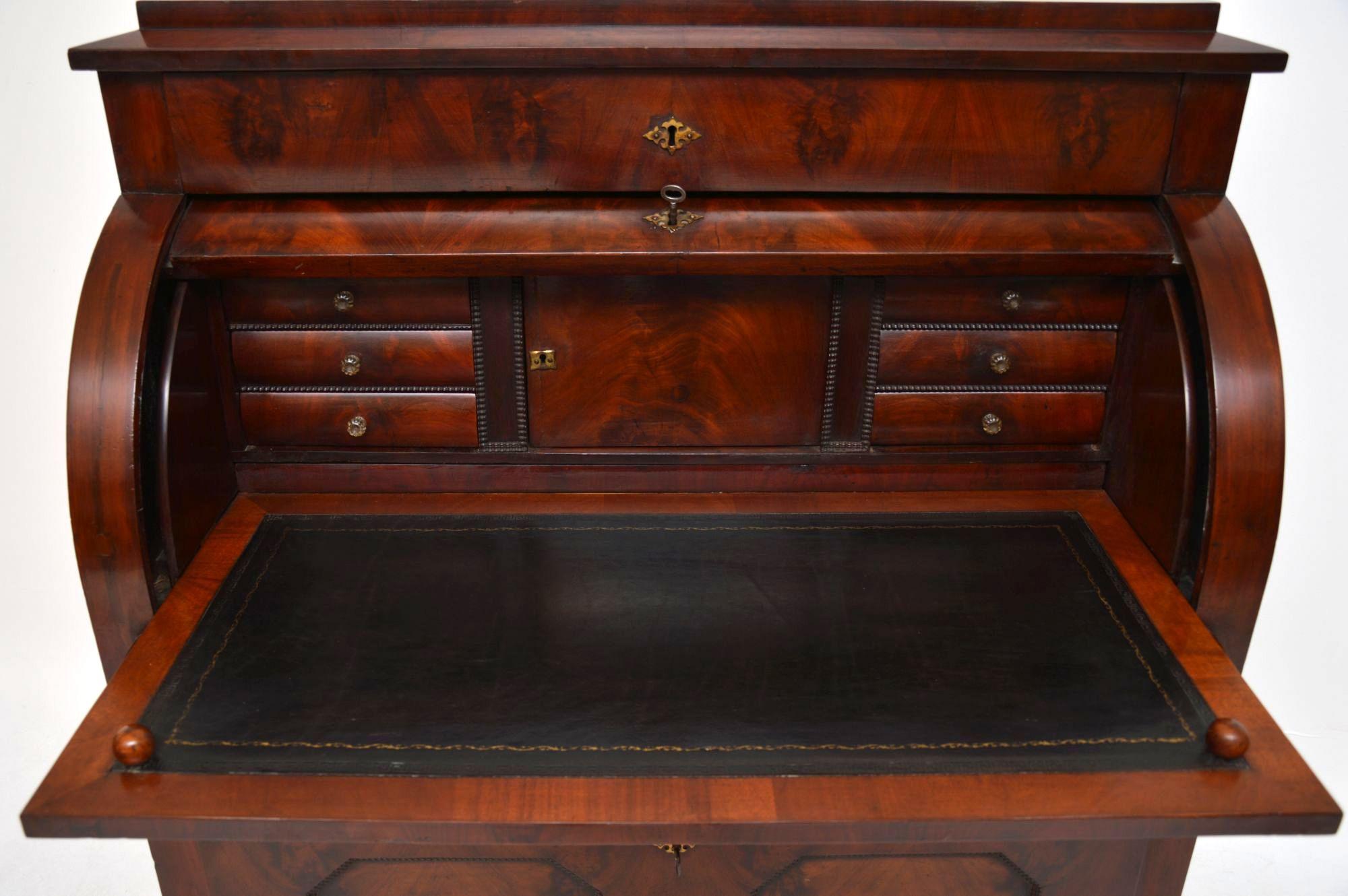 French Antique Flame Mahogany Cylinder Top Bureau