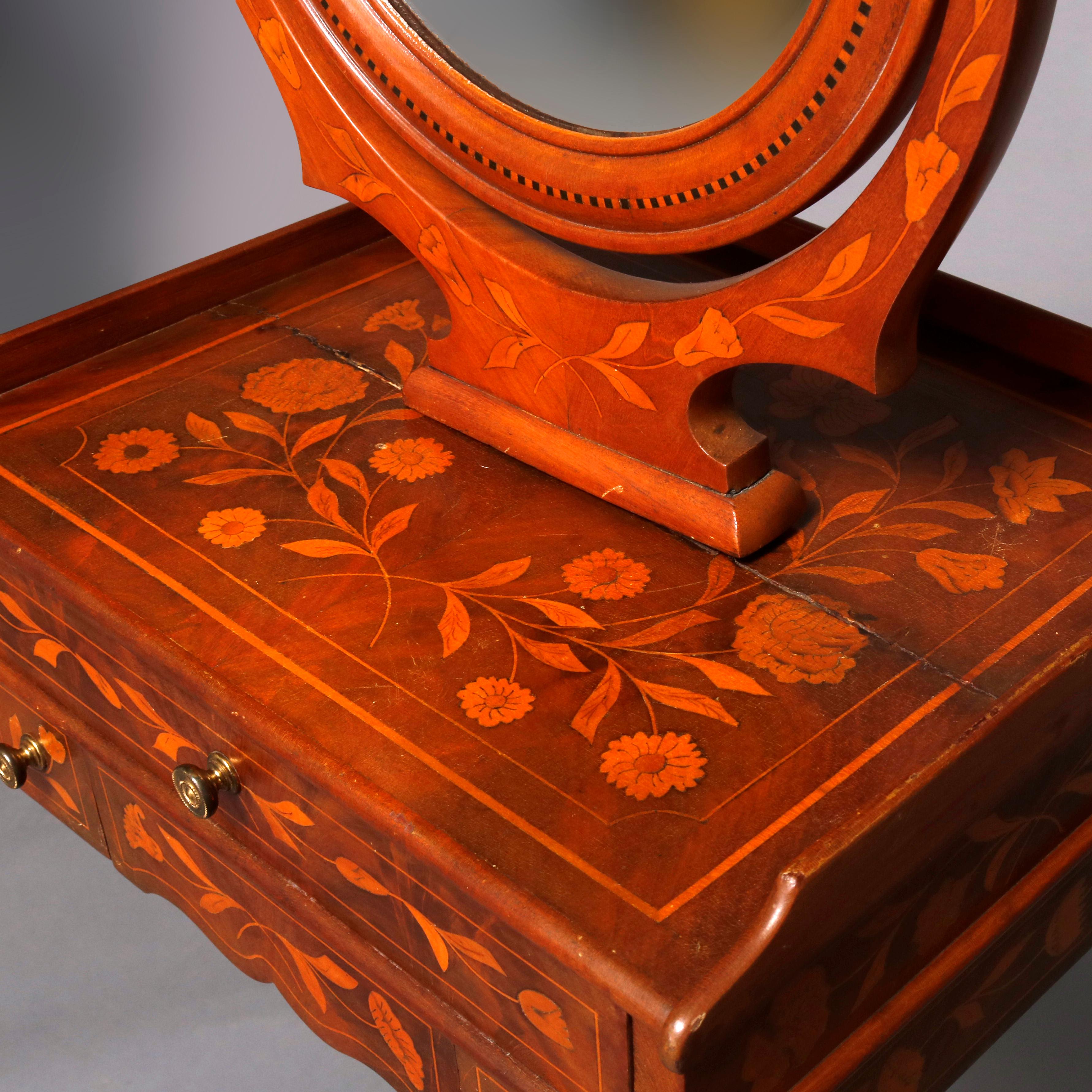 19th Century Antique Flame Mahogany Dutch Marquetry Satinwood Inlaid Shaving Stand