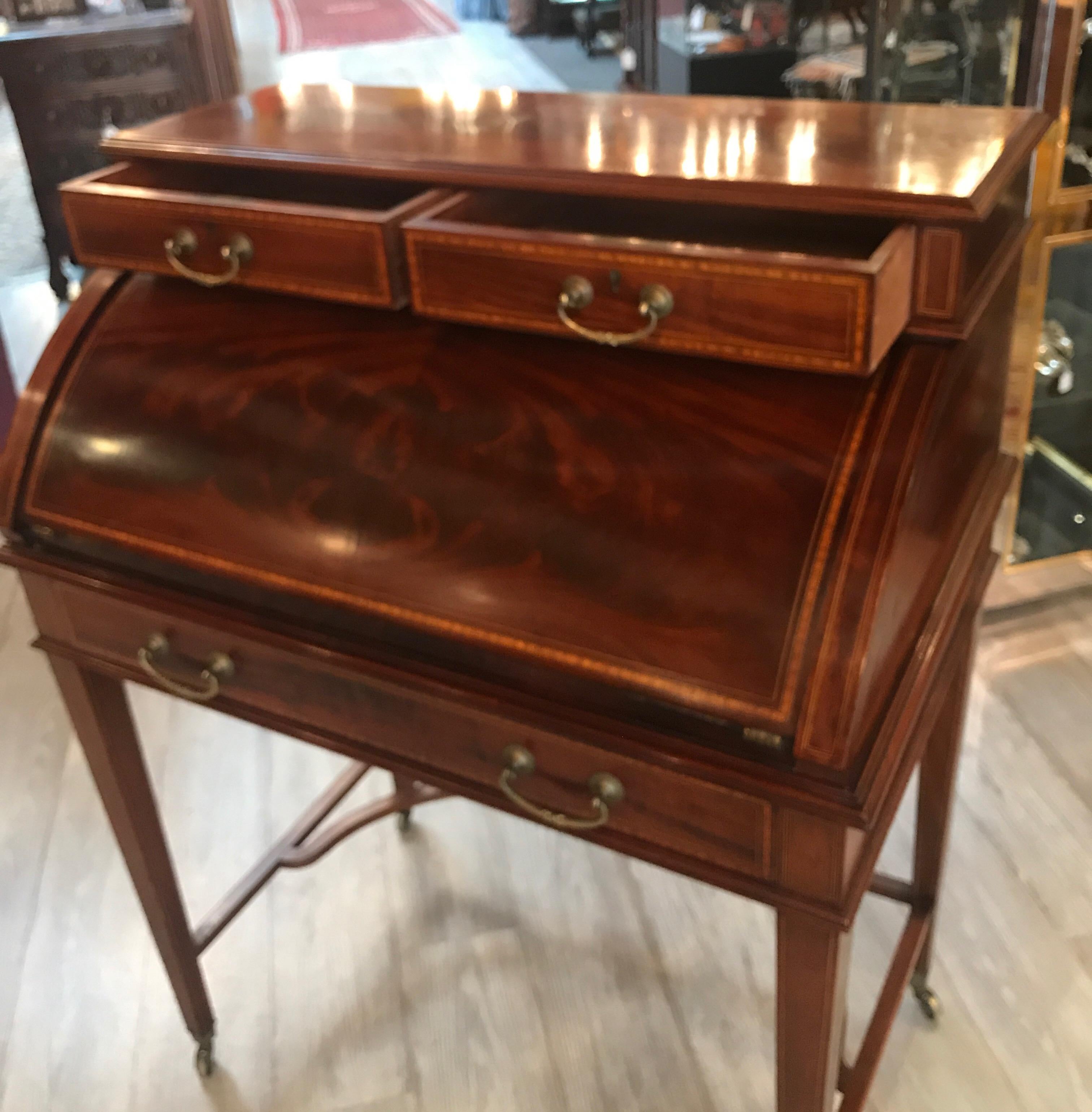 Edwardian Antique Flame Mahogany Inlaid Fall Front Desk with Inlay