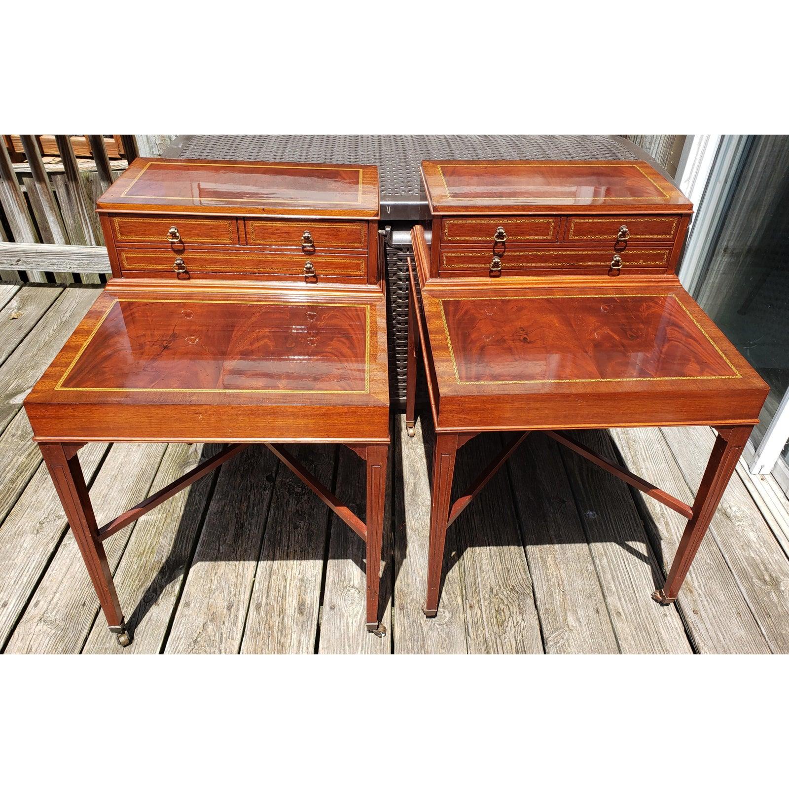 Antique Flame Mahogany Inlaid Satinwood Banded 2 Tier Side Tables, a Pair 6