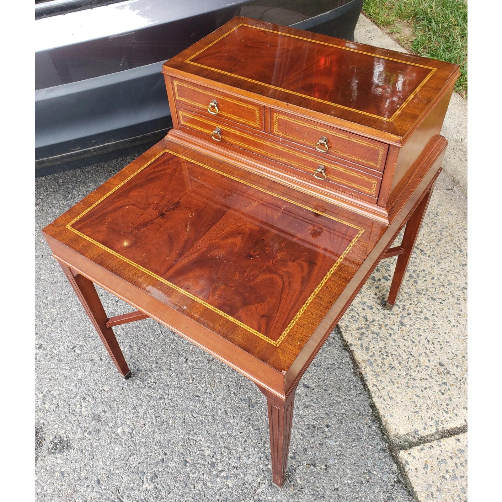 Mid-Century Modern Antique Flame Mahogany Inlaid Satinwood Banded 2 Tier Side Tables, a Pair