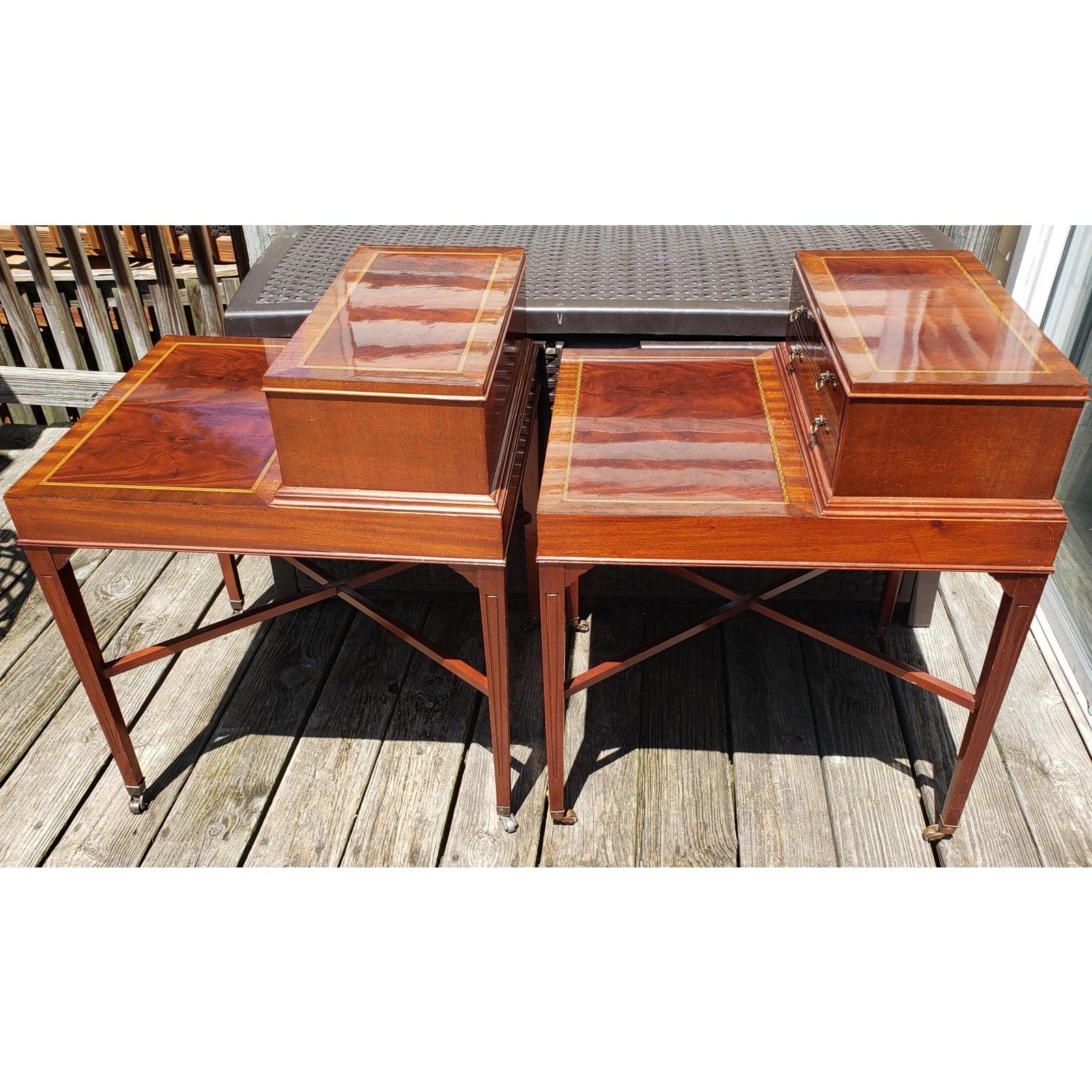 20th Century Antique Flame Mahogany Inlaid Satinwood Banded 2 Tier Side Tables, a Pair