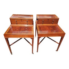 Antique Flame Mahogany Inlaid Satinwood Banded 2 Tier Side Tables, a Pair