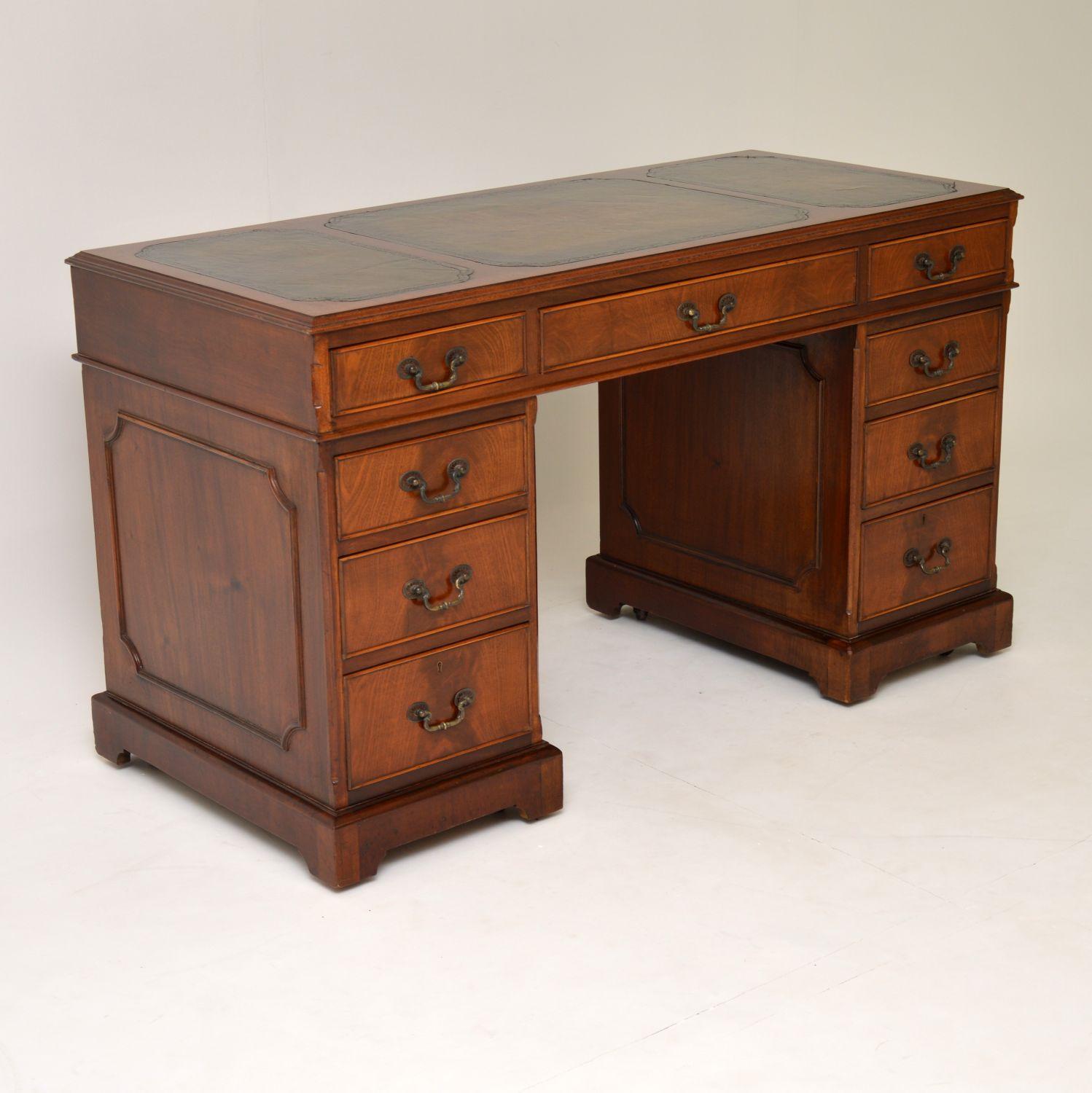 George III Antique Flame Mahogany Leather Top Pedestal Desk