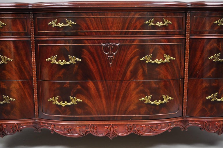 Antique Flame Mahogany Long Triple Dresser Serpentine Carved "Swan