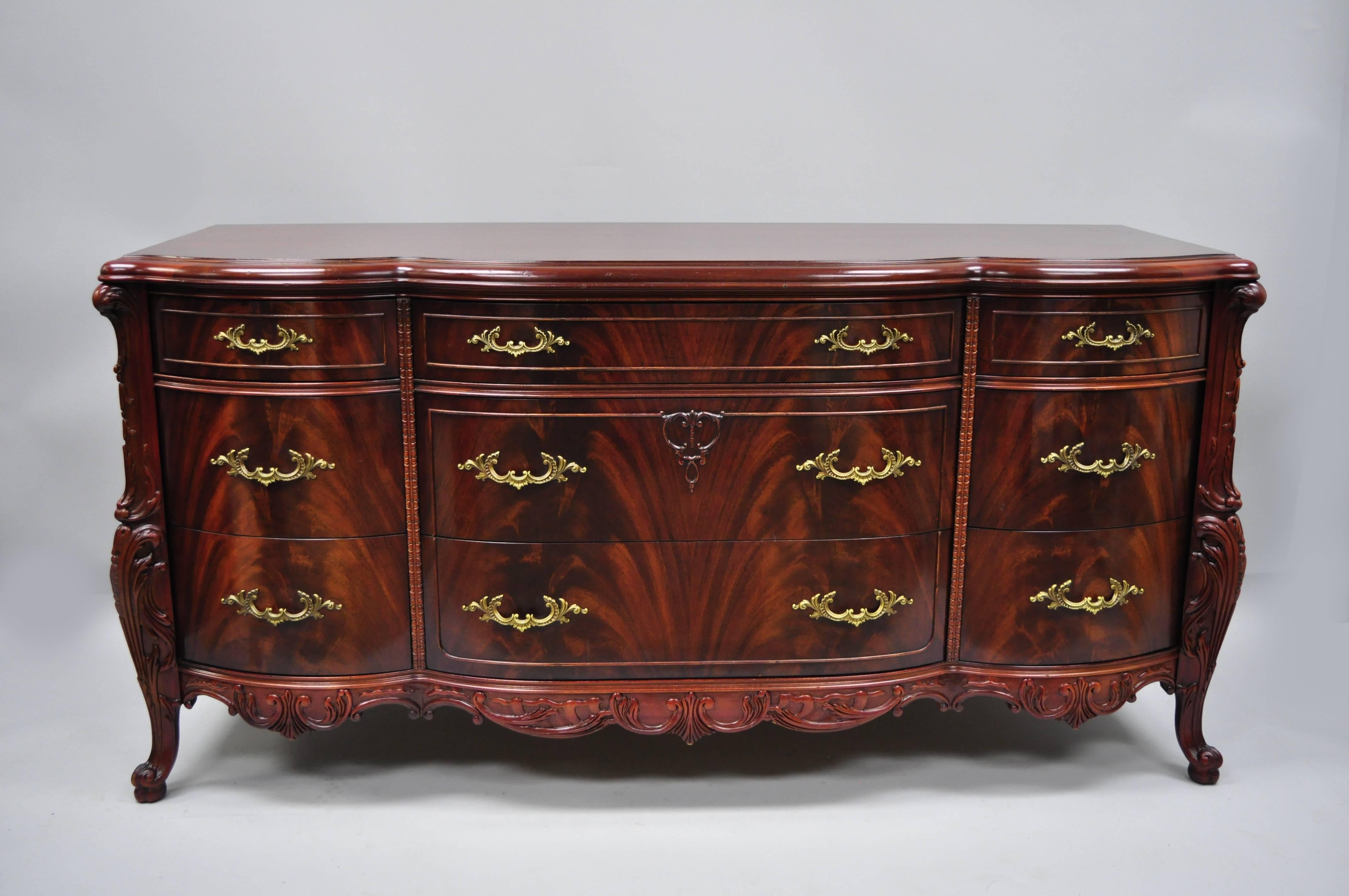 Antique Flame Mahogany Long Triple Dresser Serpentine Carved 