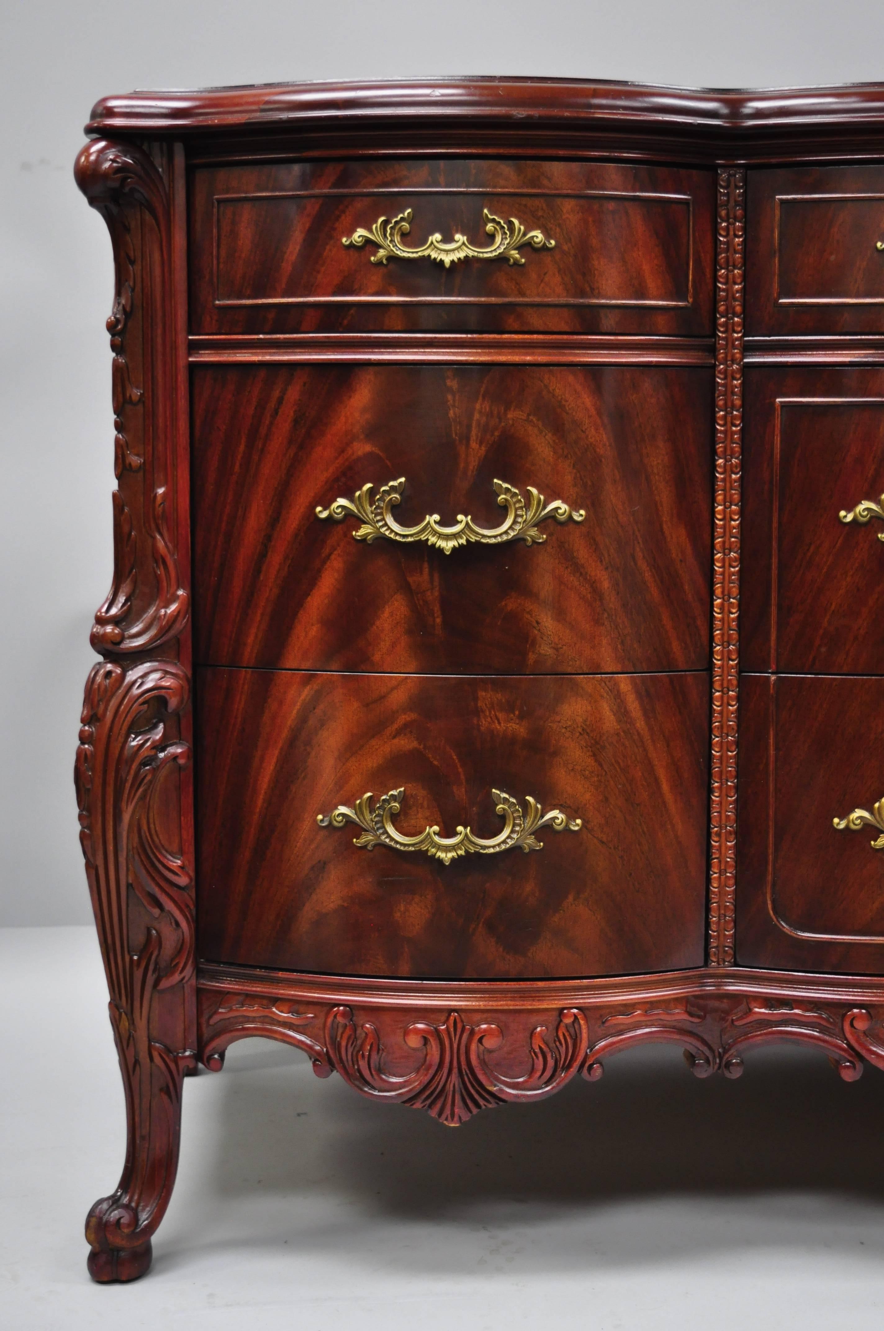 Louis XV Antique Flame Mahogany Long Triple Dresser Serpentine Carved 