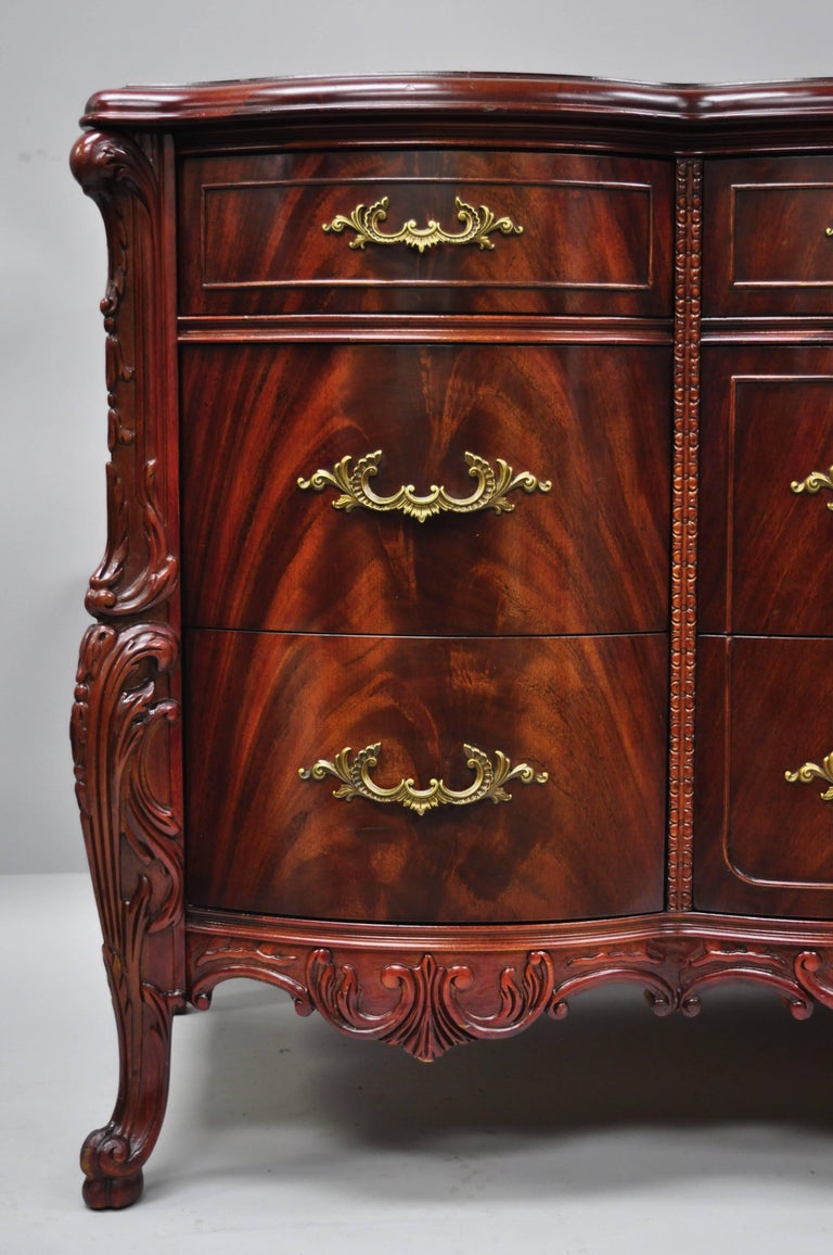 Antique Flame Mahogany Long Triple Dresser Serpentine Carved "Swan
