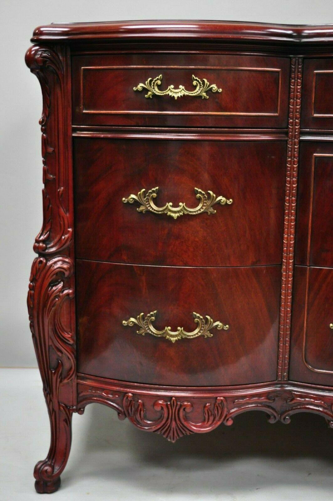 Louis XV Antique Flame Mahogany Long Triple Dresser Serpentine Carved 