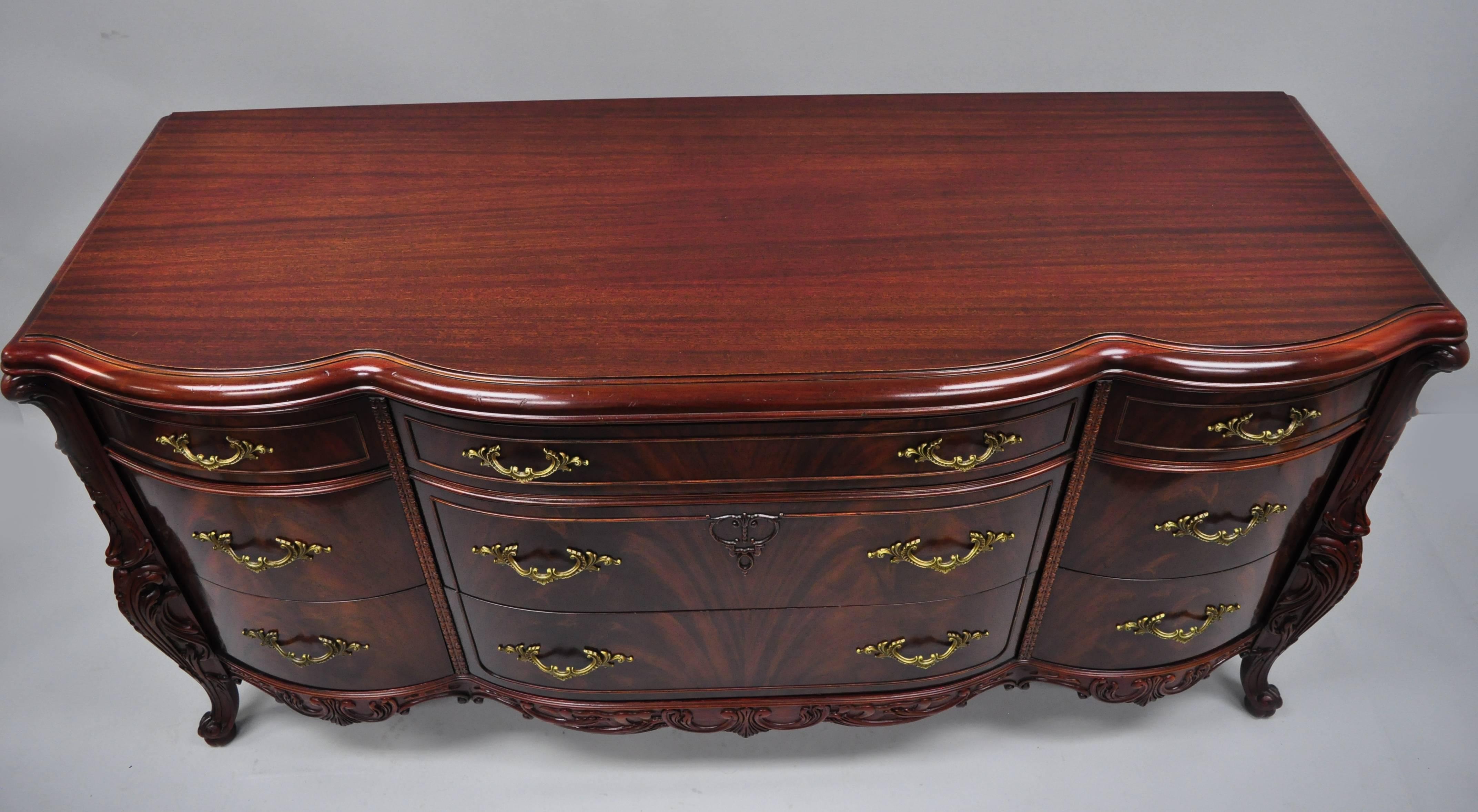 Hand-Crafted Antique Flame Mahogany Long Triple Dresser Serpentine Carved 