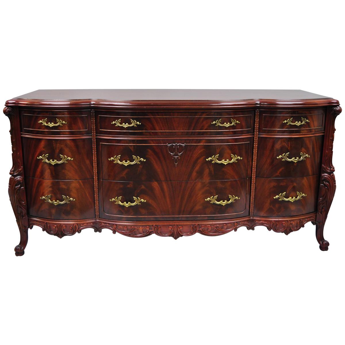 Antique Flame Mahogany Long Triple Dresser Serpentine Carved "Swan" French Style