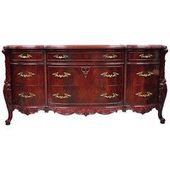 Vintage Flame Mahogany Long Triple Dresser Serpentine Carved "Swan" French Style