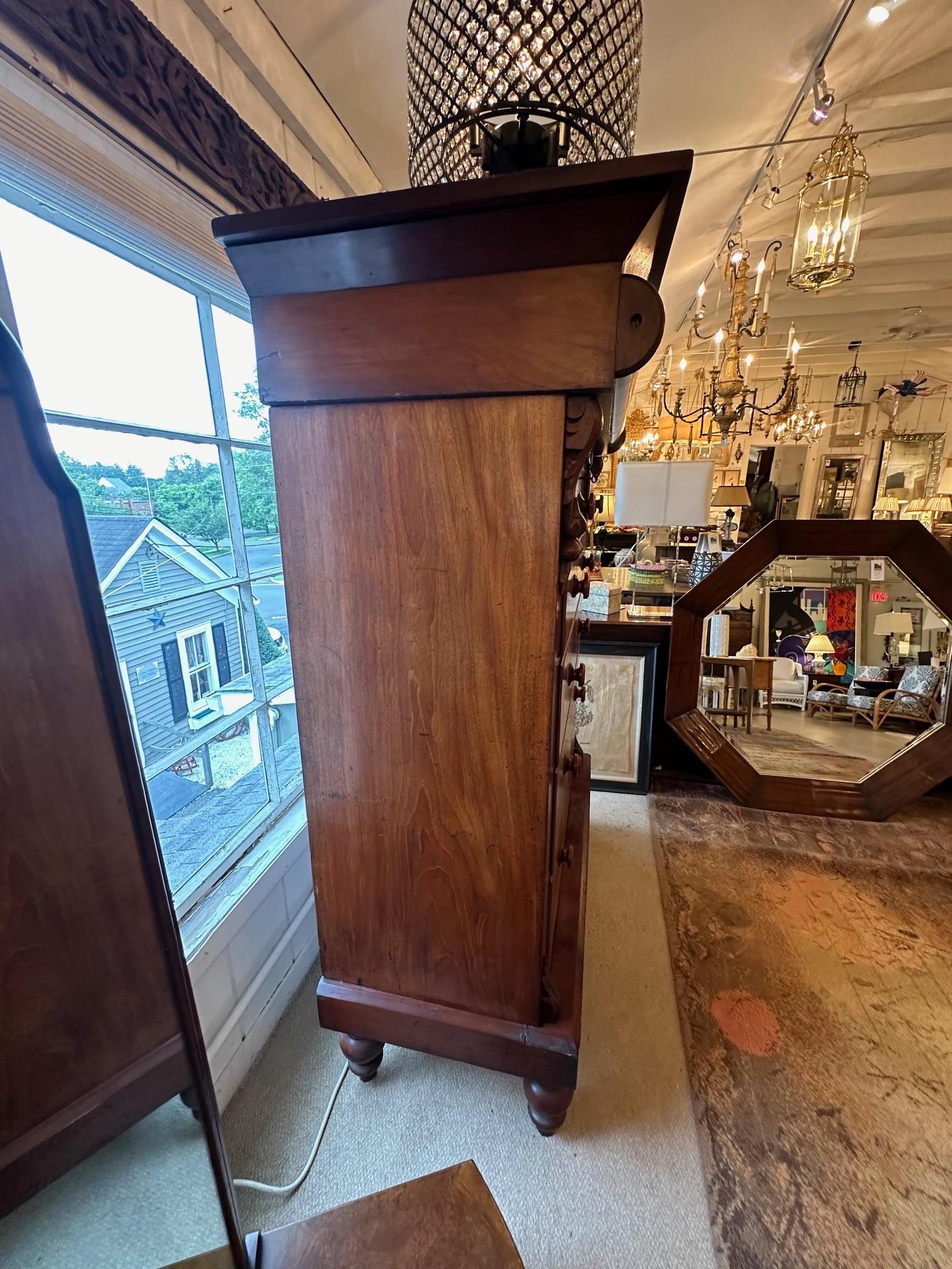 Antique Flame Mahogany Scottish Tall Chest of Drawers In Good Condition In Hopewell, NJ