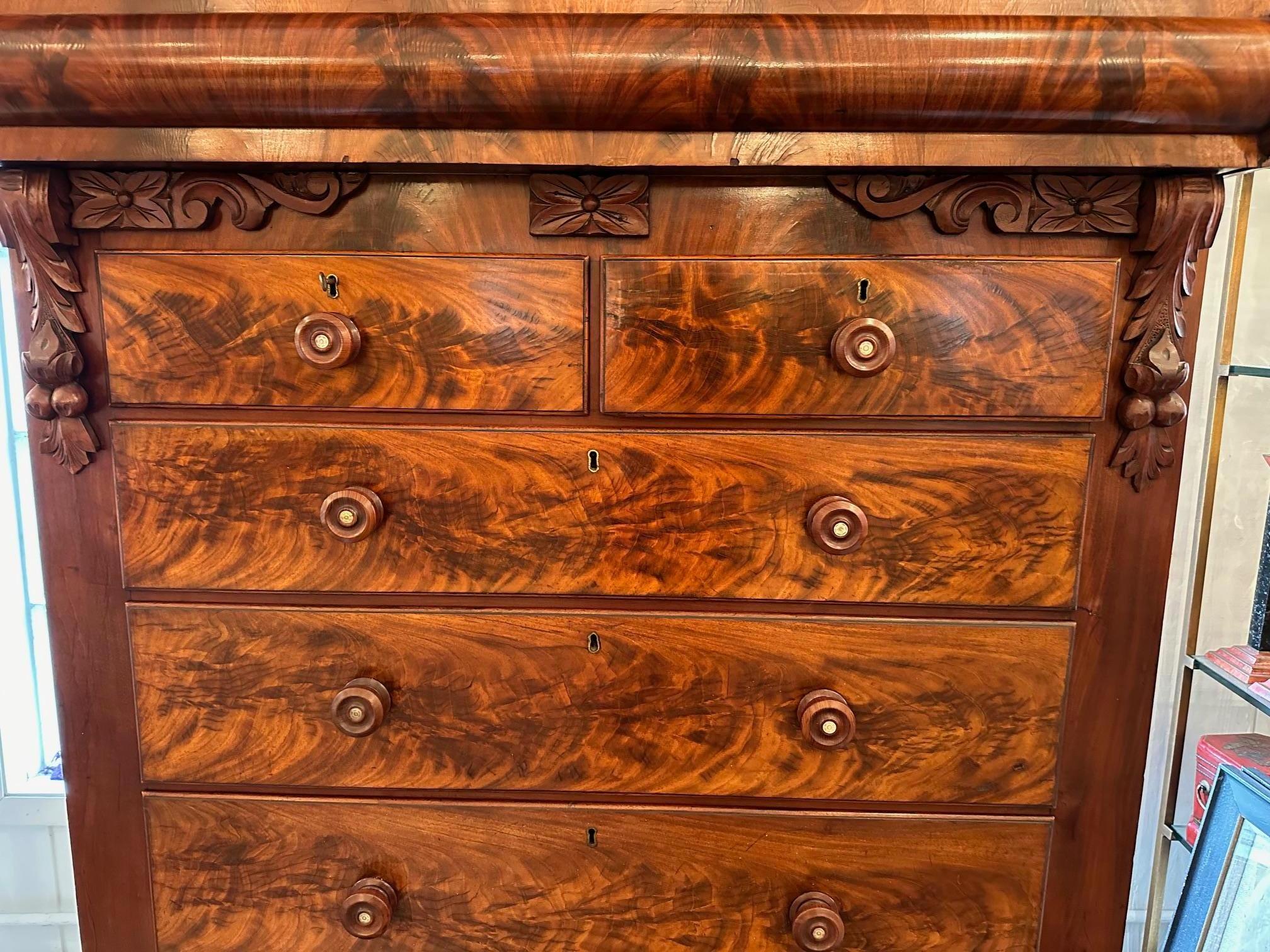Antique Flame Mahogany Scottish Tall Chest of Drawers 4
