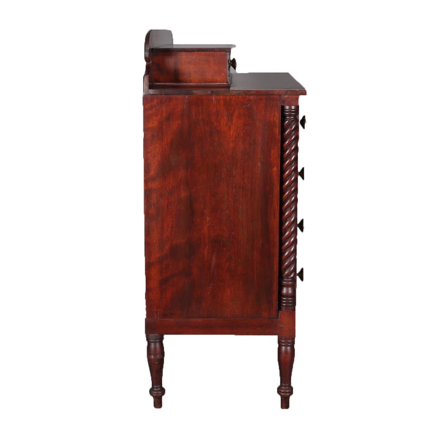 American Antique Flame Mahogany Sheraton Chest with Full Rope Twist Columns, circa 1830