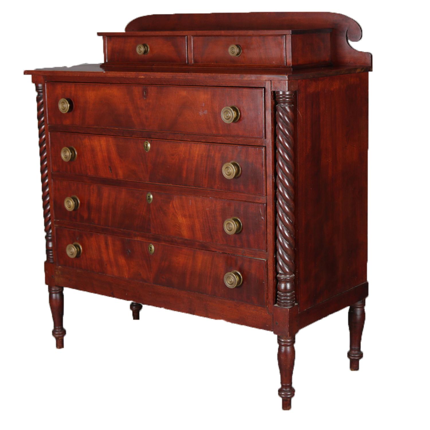 Antique Flame Mahogany Sheraton Chest with Full Rope Twist Columns, circa 1830